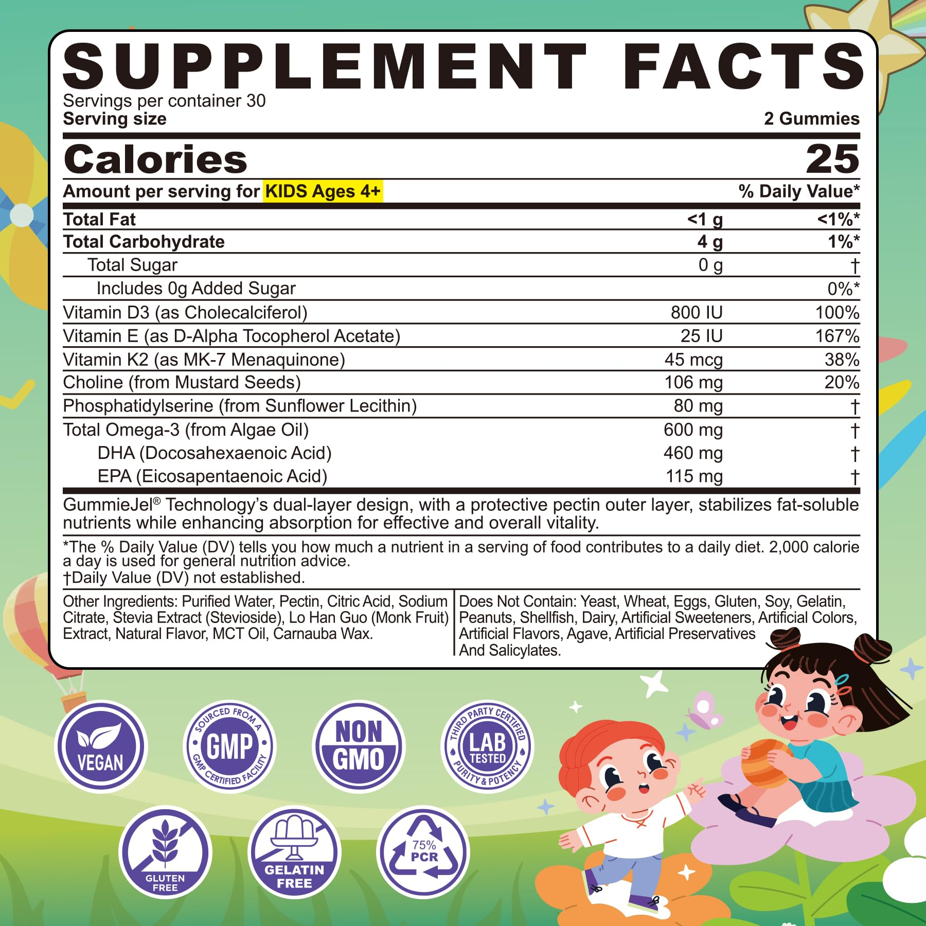 LILICARE algae Omega-3 kids gummies highlighting brain support and memory