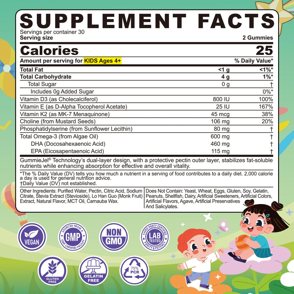 LILICARE algae Omega-3 kids gummies highlighting brain support and memory