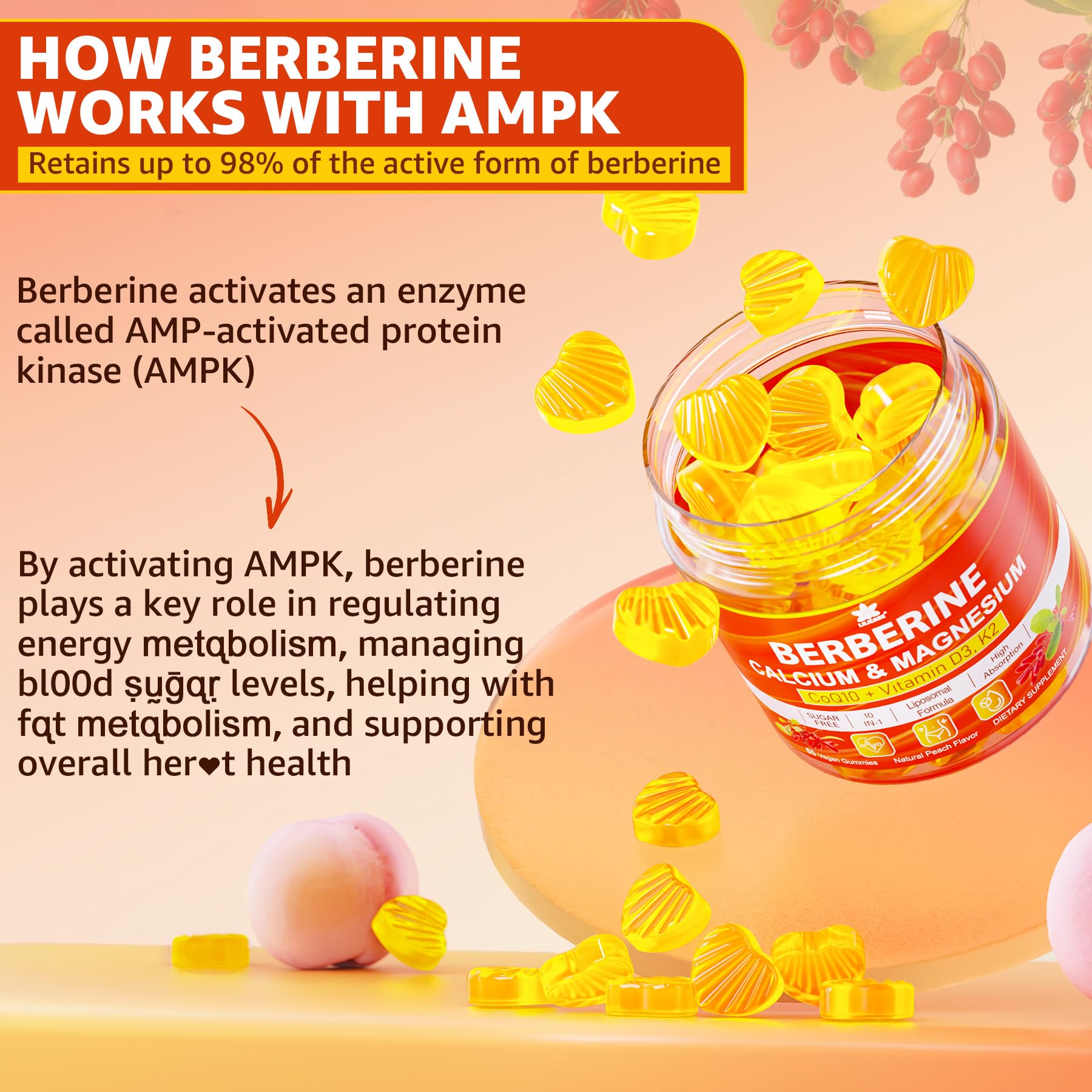 LILICARE Berberine Gummies ingredients panel with liposomal Berberine CoQ10 magnesium and calcium.