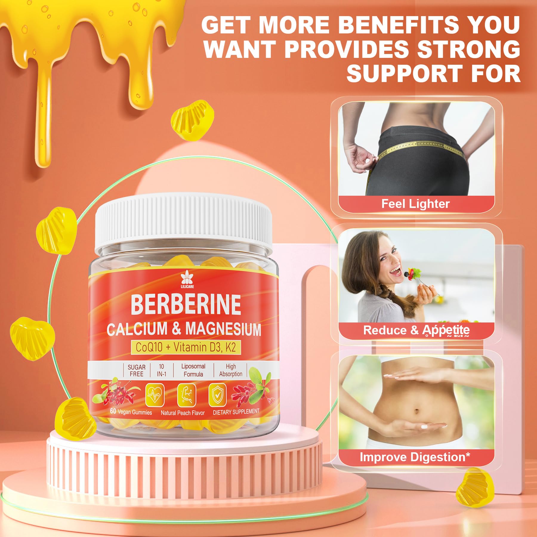 LILICARE Berberine Gummies illustration emphasizes liposomal delivery technology.