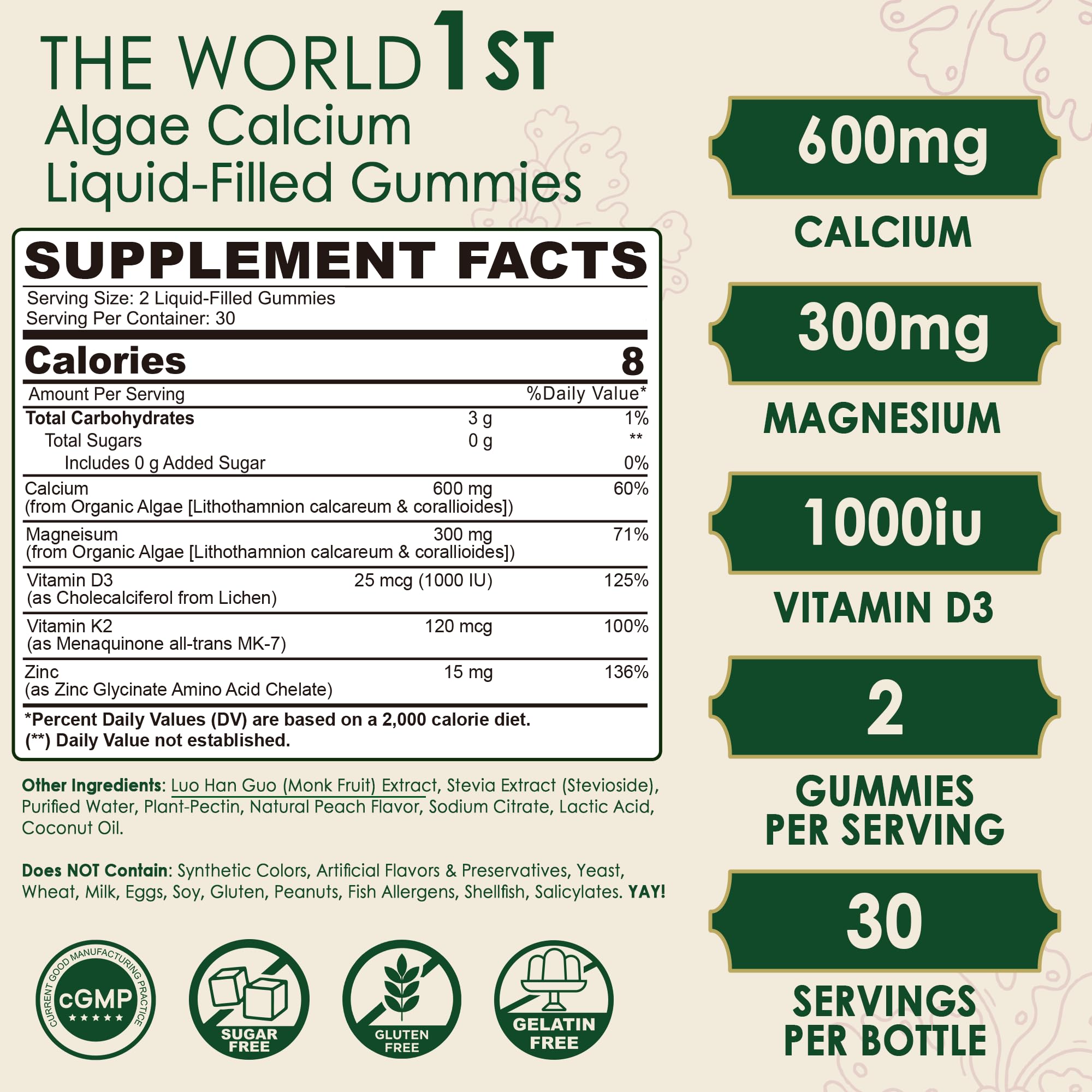 LILICARE bottle back label shows 600 mg calcium and 2:1 magnesium ratio.