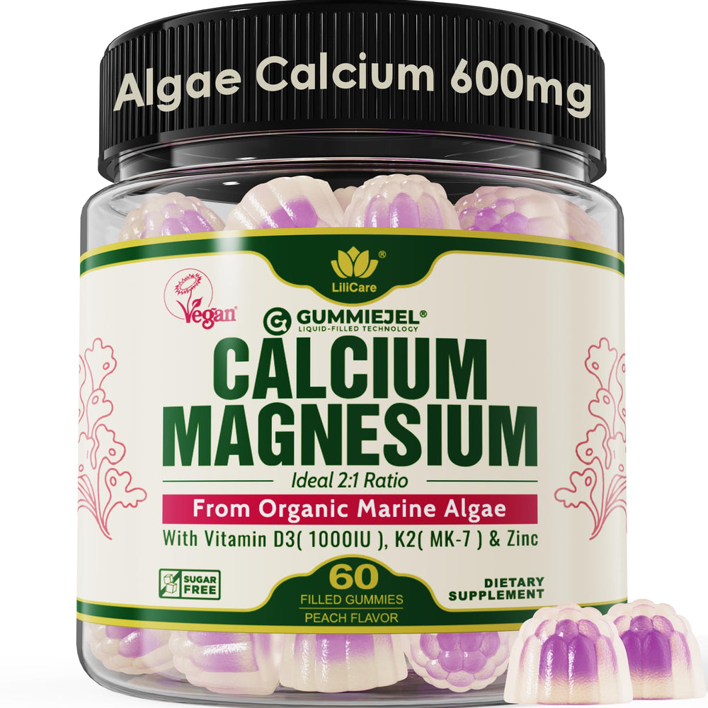 LILICARE calcium gummies bottle front, vegan sugar-free wellness option for daily bone support.