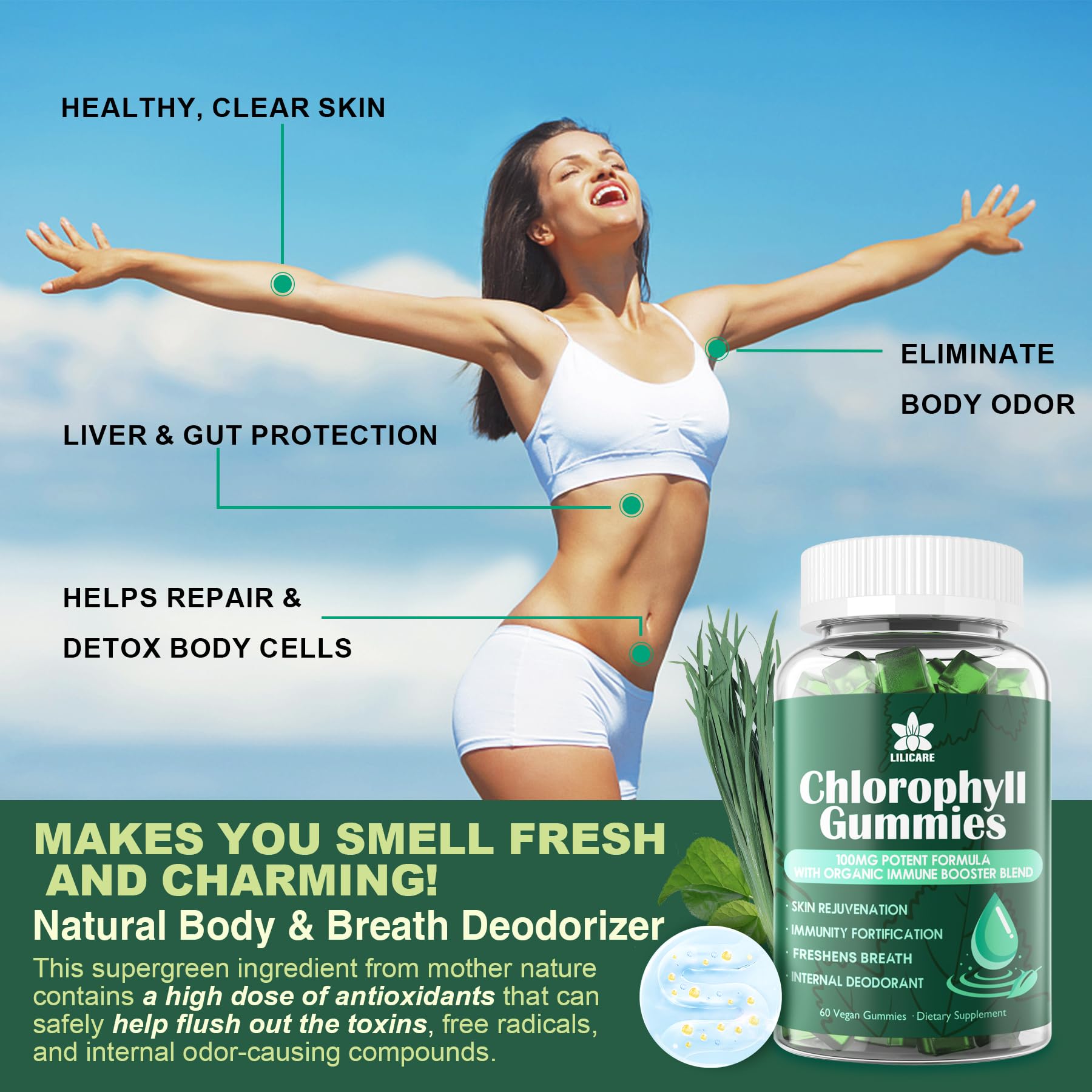 LILICARE Chlorophyll Gummies with apple cider vinegar for detox-support.