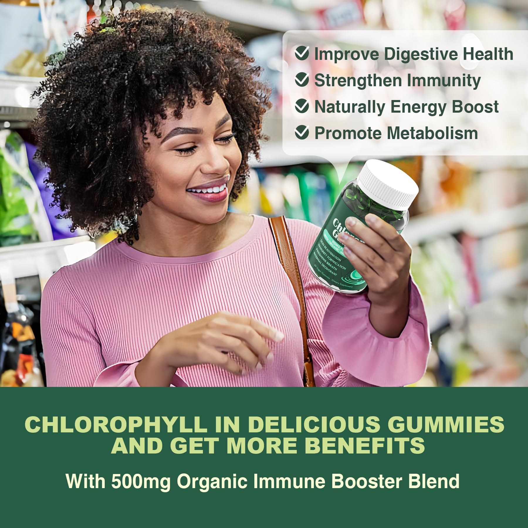 LILICARE Chlorophyll Gummies texture close-up highlighting zero-sugar vegan formula.