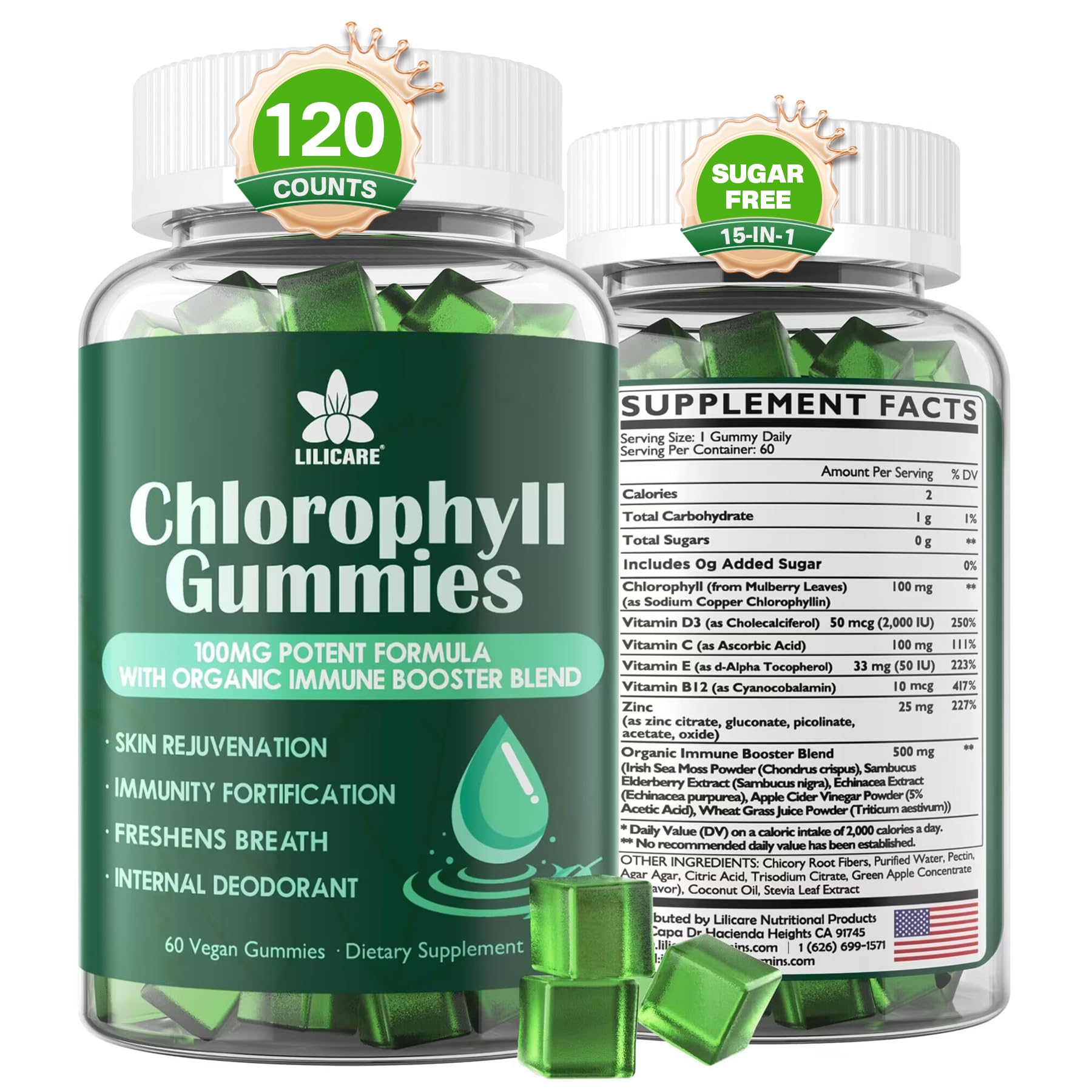 LILICARE Chlorophyll Gummies front bottle display natural immune and digestion support.