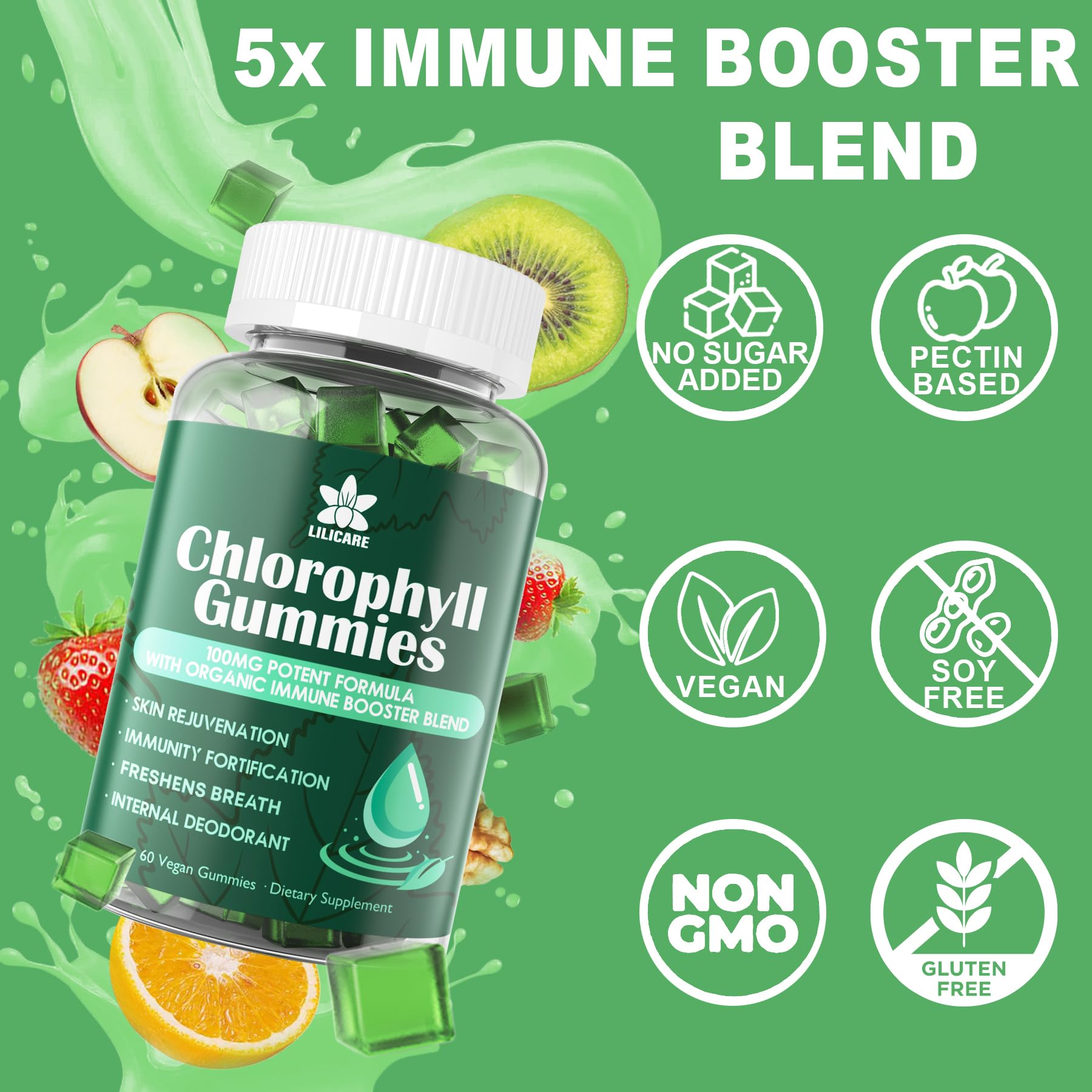 LILICARE Chlorophyll Gummies packaging beside glass of water in bright light.
