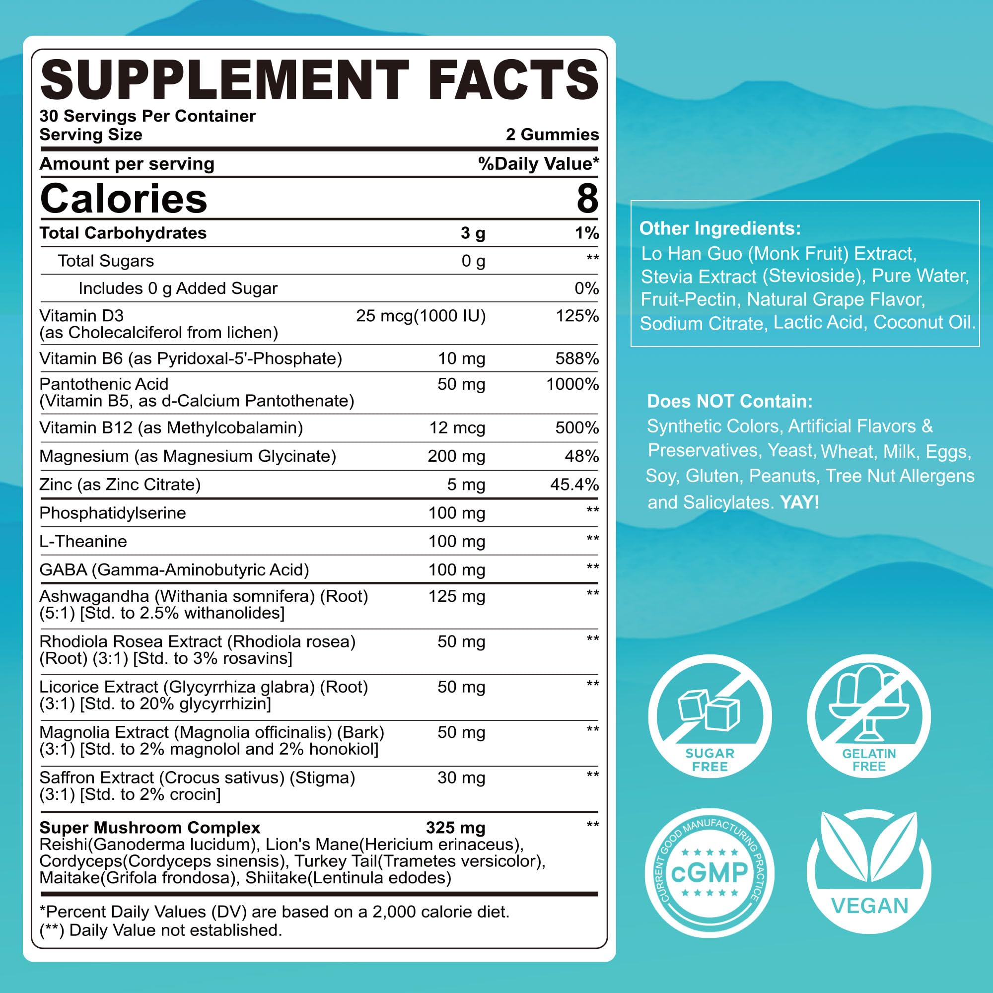 LILICARE Cortisol Gummies ingredients panel highlights 15-in-1 blend for balanced cortisol support.