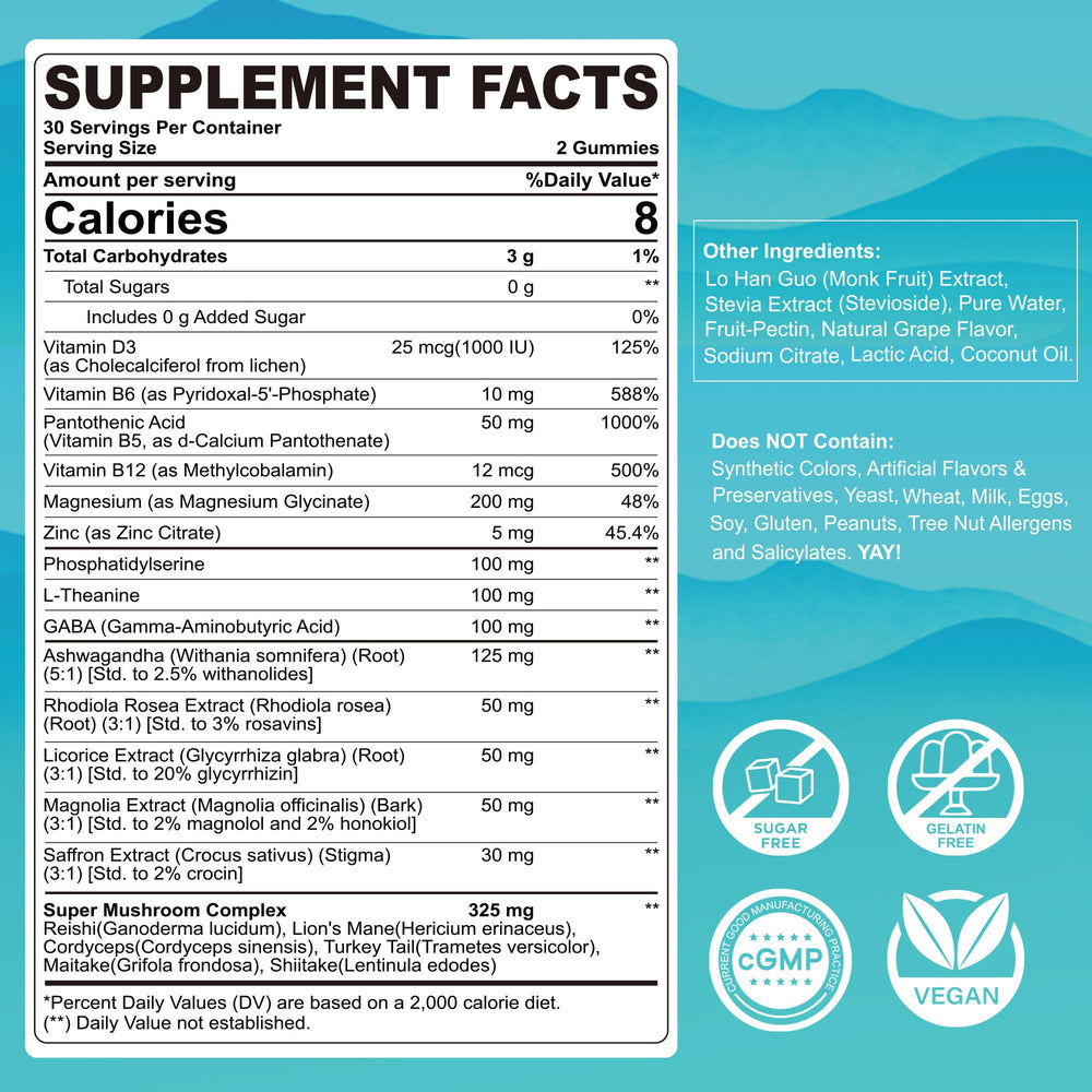 LILICARE Cortisol Gummies ingredients panel highlights 15-in-1 blend for balanced cortisol support.