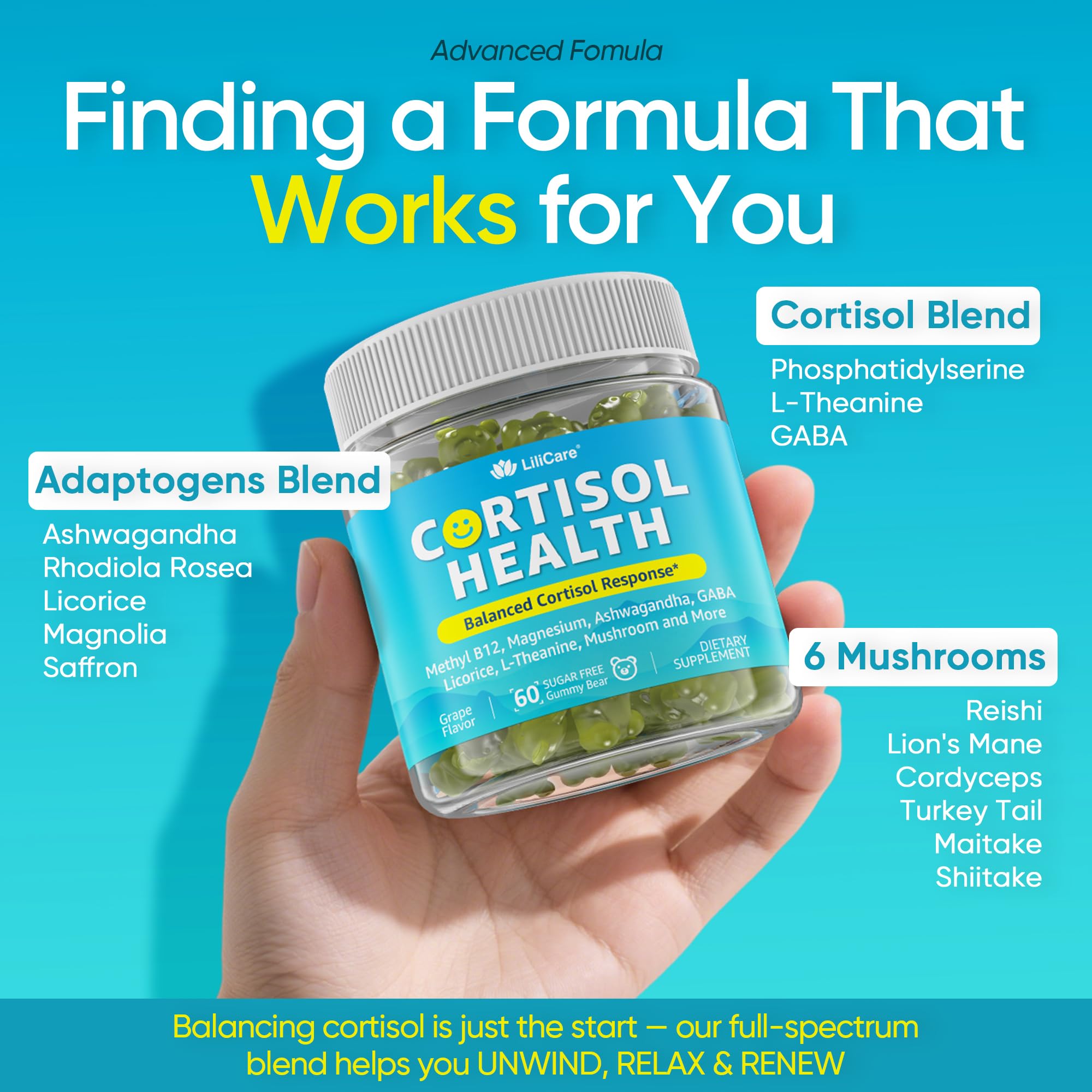 LILICARE Cortisol Gummies mushrooms array emphasizes natural focus and steady energy cues.