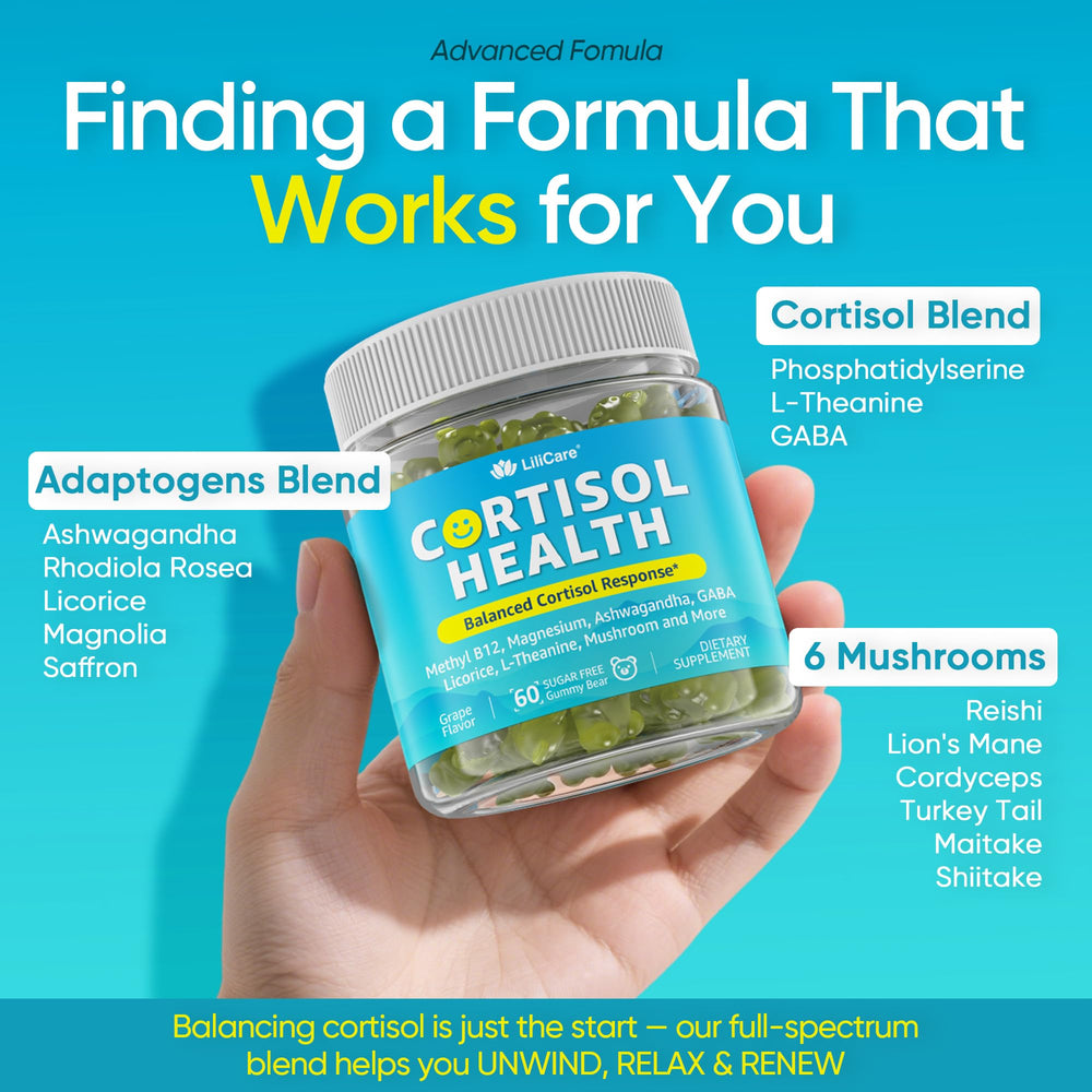LILICARE Cortisol Gummies mushrooms array emphasizes natural focus and steady energy cues.