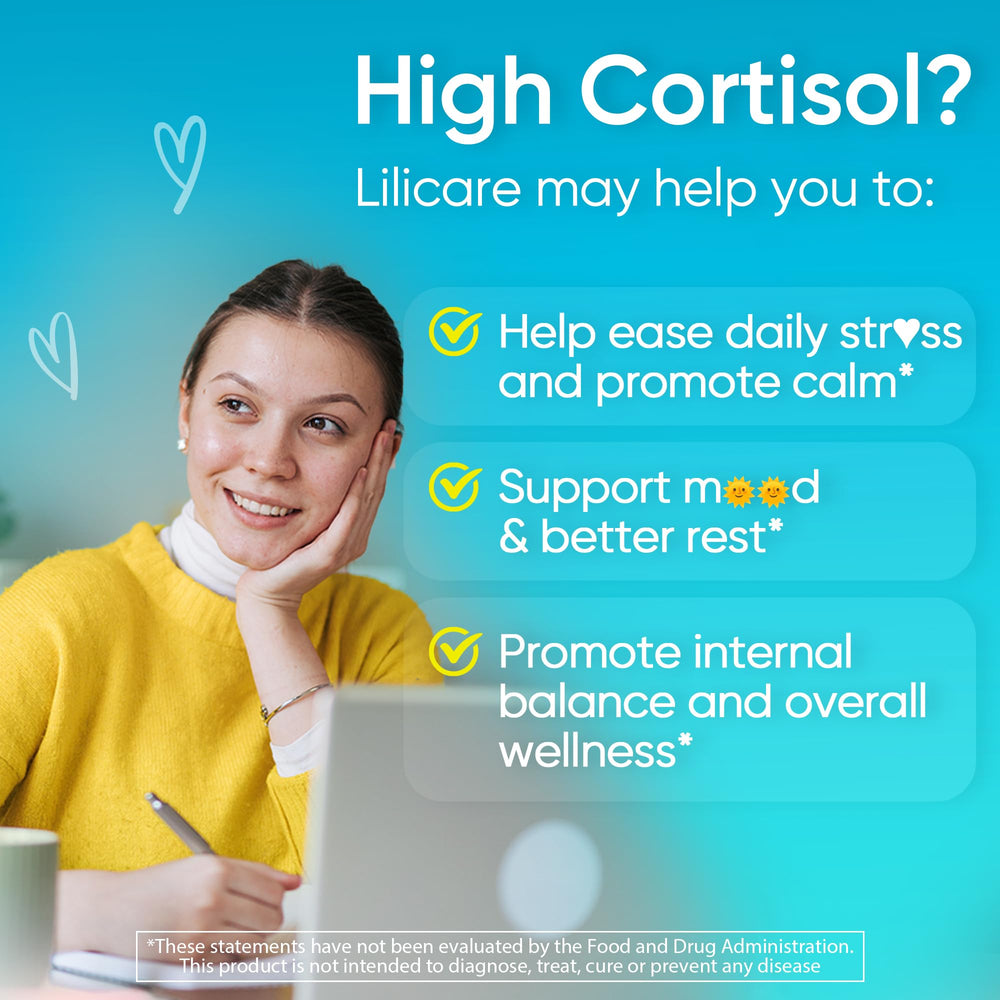 LILICARE Cortisol Gummies vegan-label highlights non-GMO, gelatin-free, and gluten-free qualities.