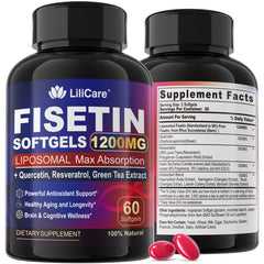 LILICARE Fisetin bottle front with liposomal capsules, highlighting enhanced absorption.
