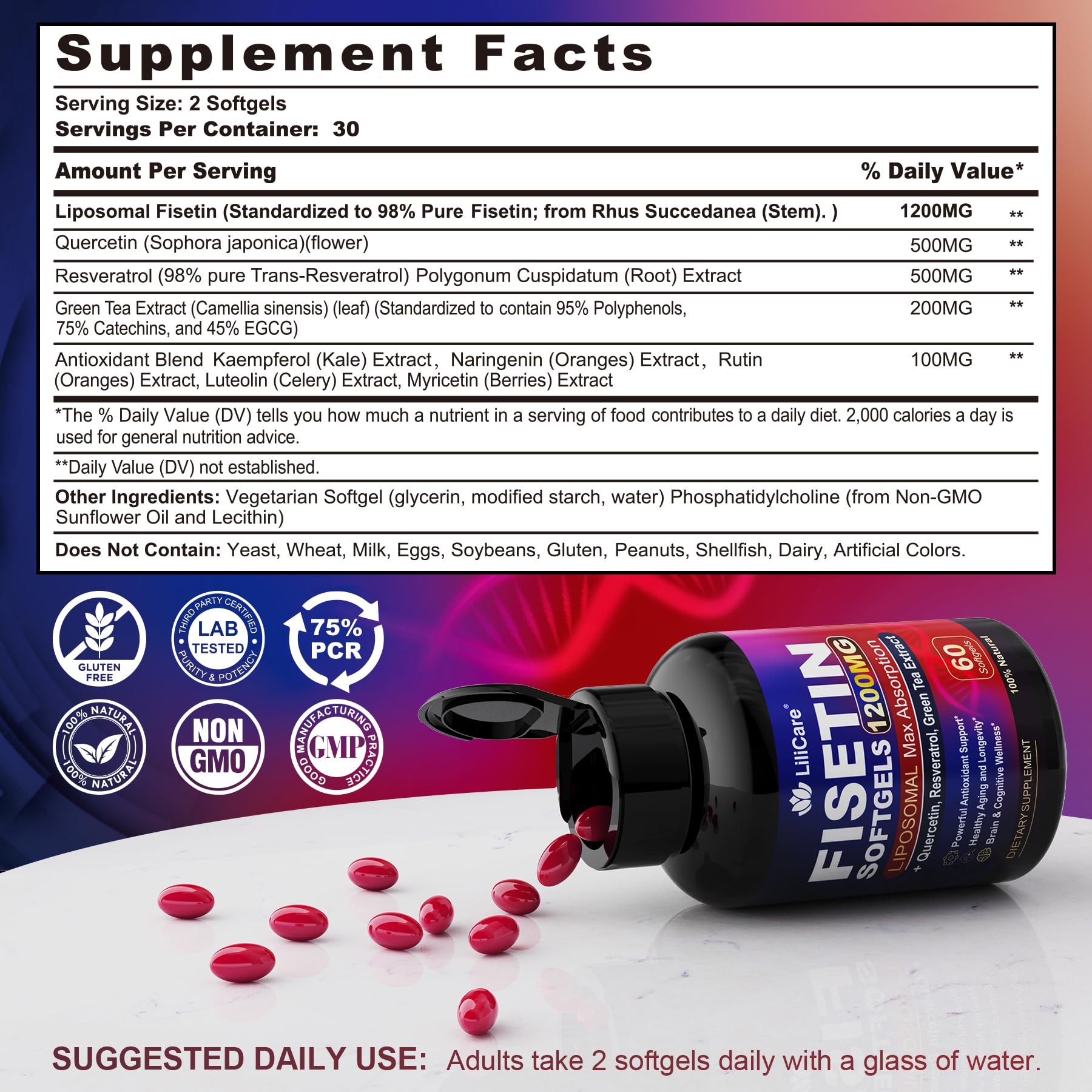 Close-up of LILICARE Fisetin softgels showing 1200 mg dosage.
