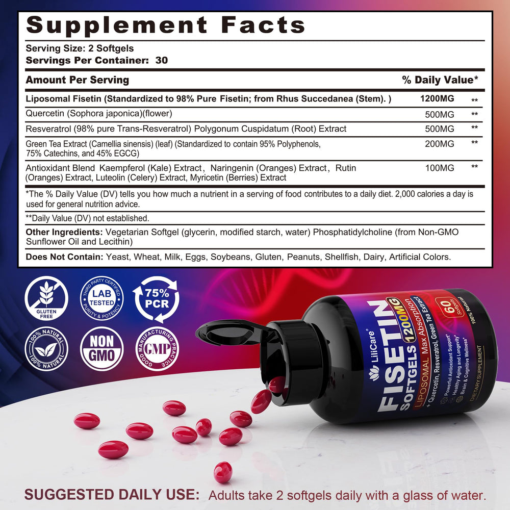 Close-up of LILICARE Fisetin softgels showing 1200 mg dosage.
