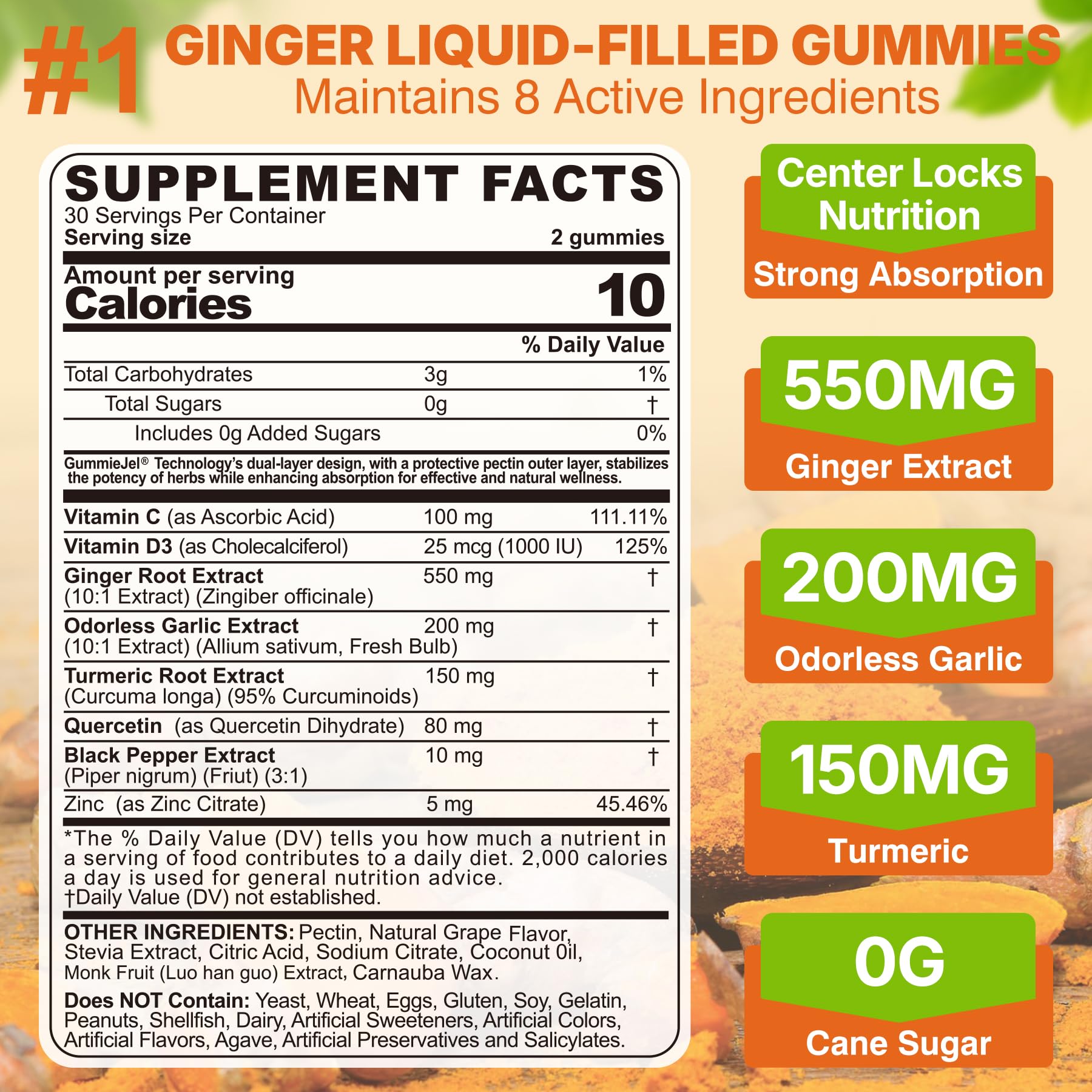 LILICARE ginger gummies close-up emphasizing sugar-free formula and gut-friendly ingredients.
