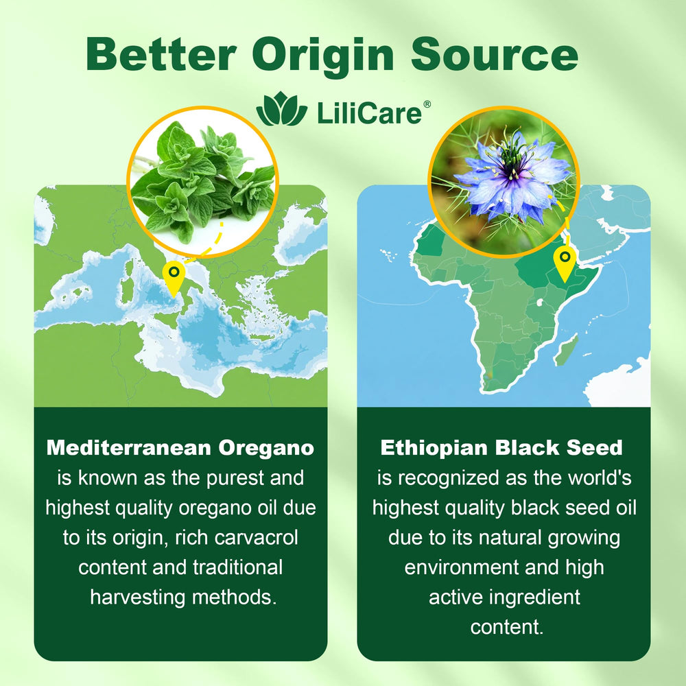 LILICARE close-up of oregano and black seed ingredient.