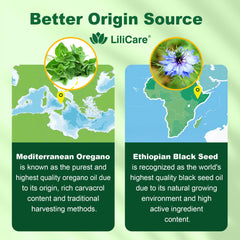 LILICARE close-up of oregano and black seed ingredient.