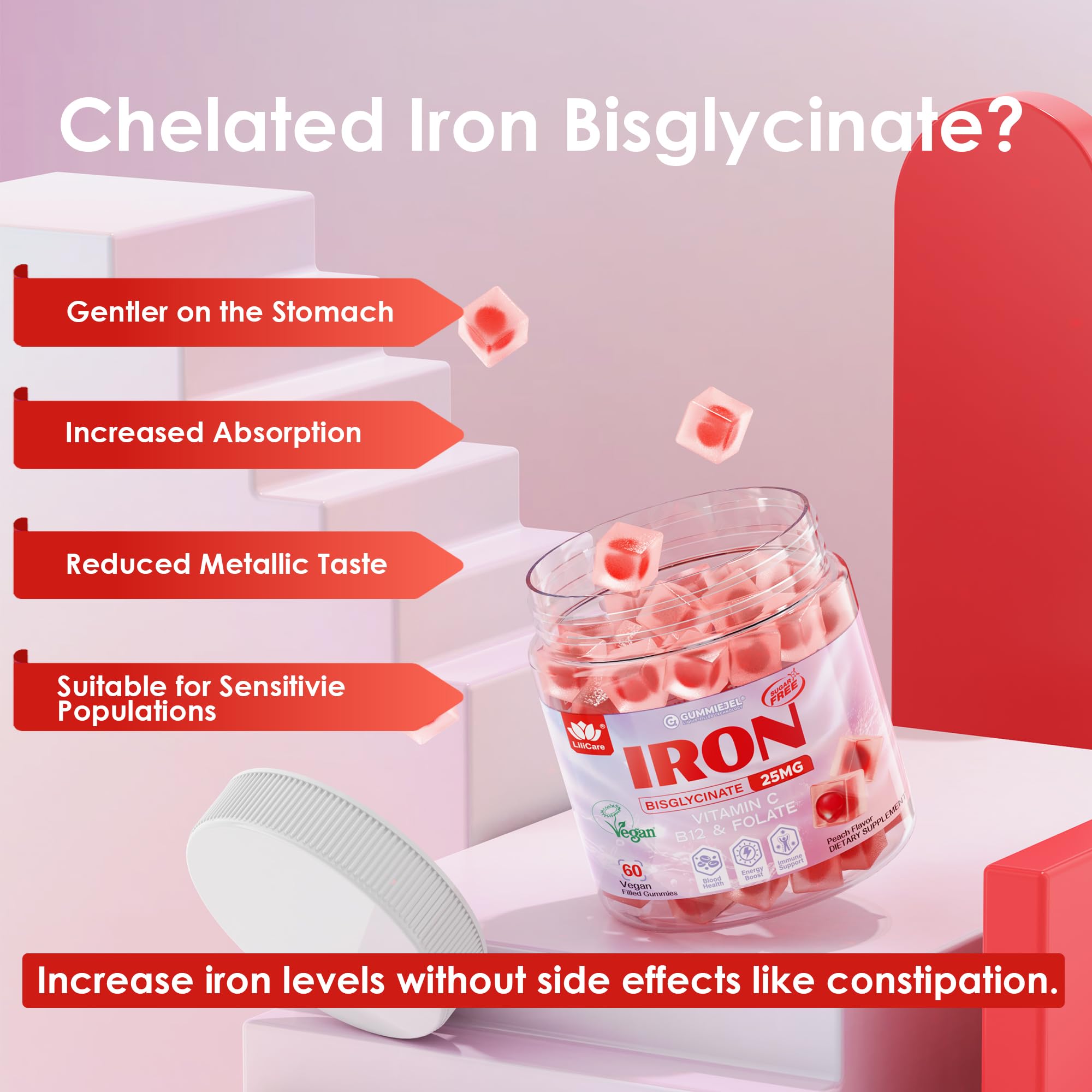 Packaging front view of LILICARE Iron Gummies for convenient daily use.