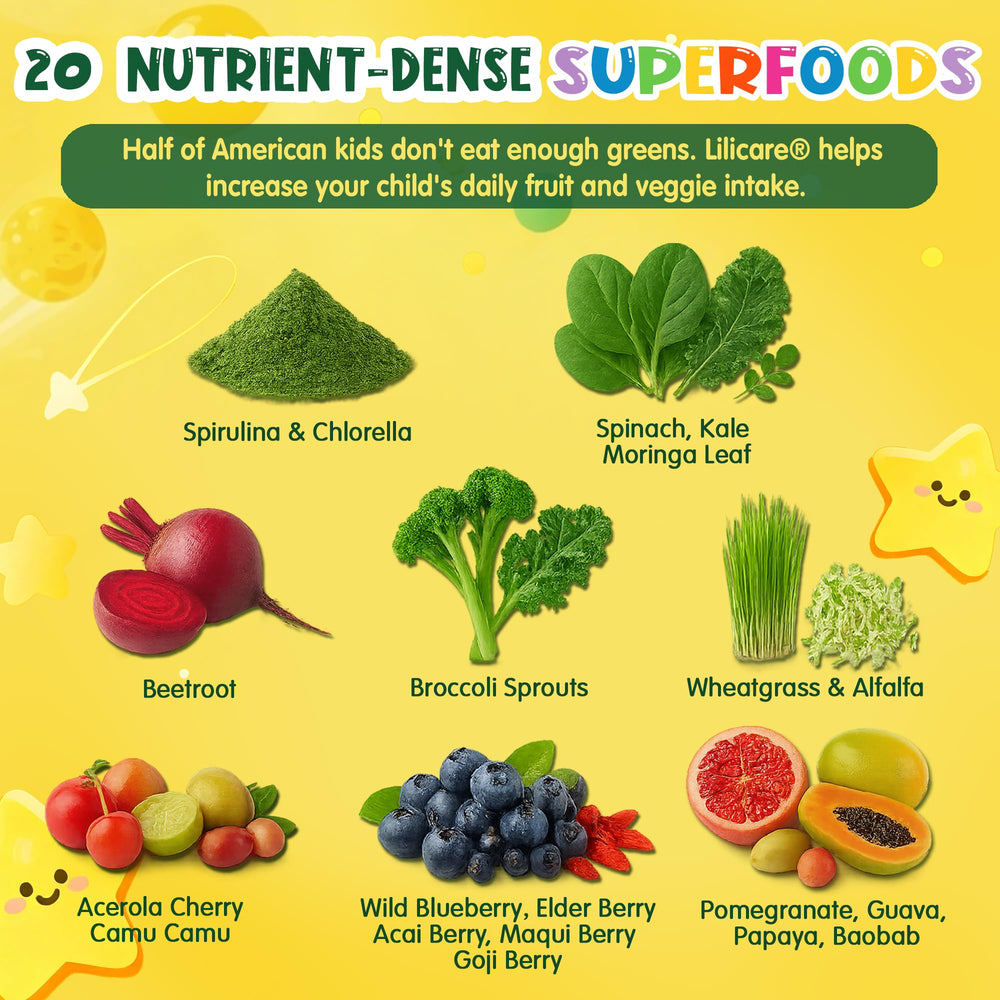 LILICARE Kids Super Greens Gummies blueberry chew highlights tasty flavor for picky eaters.