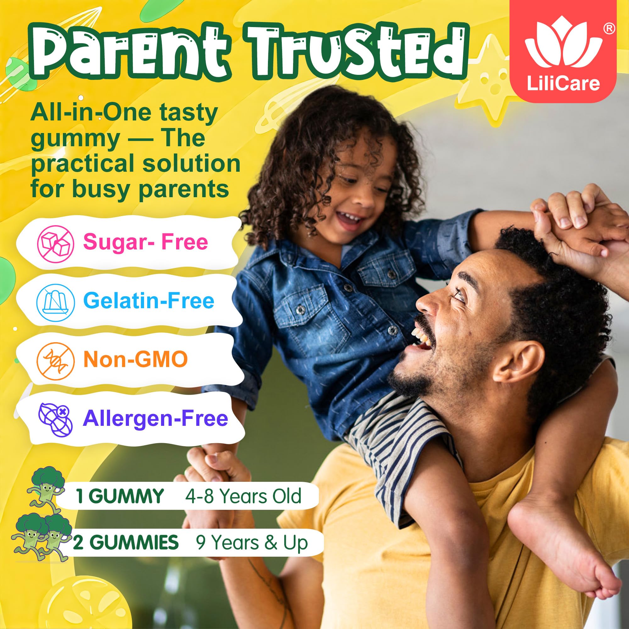 LILICARE Kids Super Greens Gummies family-use scene implies shared moments of healthy snacking.