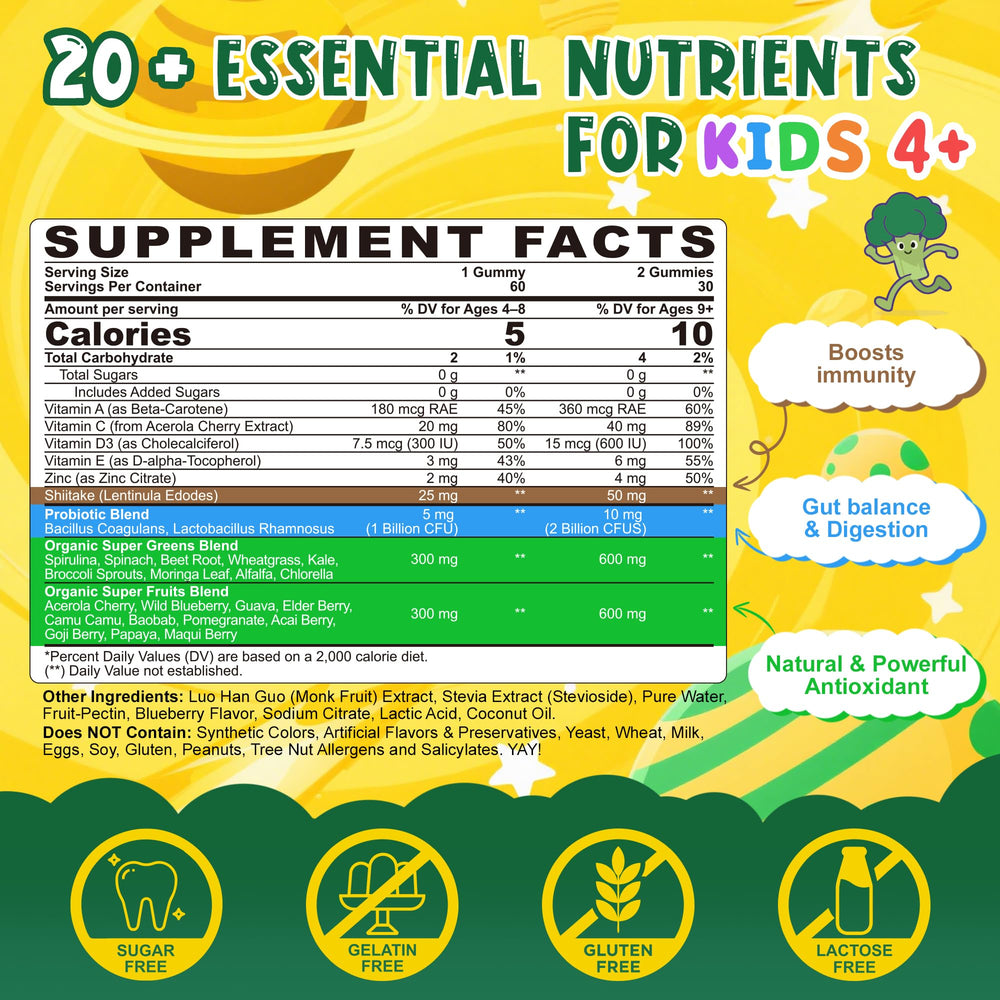 LILICARE Kids Super Greens Gummies pour image suggests convenient, on-the-go daily vitamin routine.