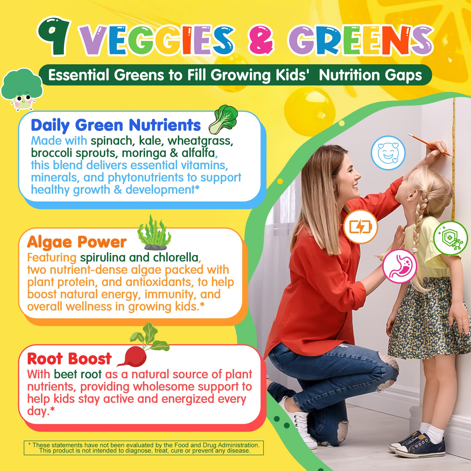 LILICARE Kids Super Greens Gummies ingredient panel emphasizes probiotics and shiitake for gut wellness.
