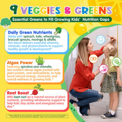 LILICARE Kids Super Greens Gummies ingredient panel emphasizes probiotics and shiitake for gut wellness.