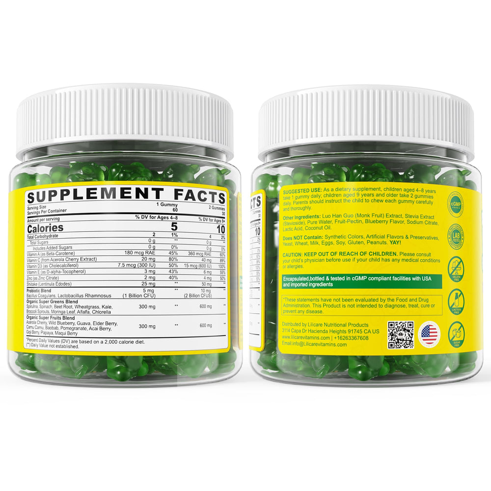 LILICARE Kids Super Greens Gummies serving spoon with gummies evokes easy daily routine.