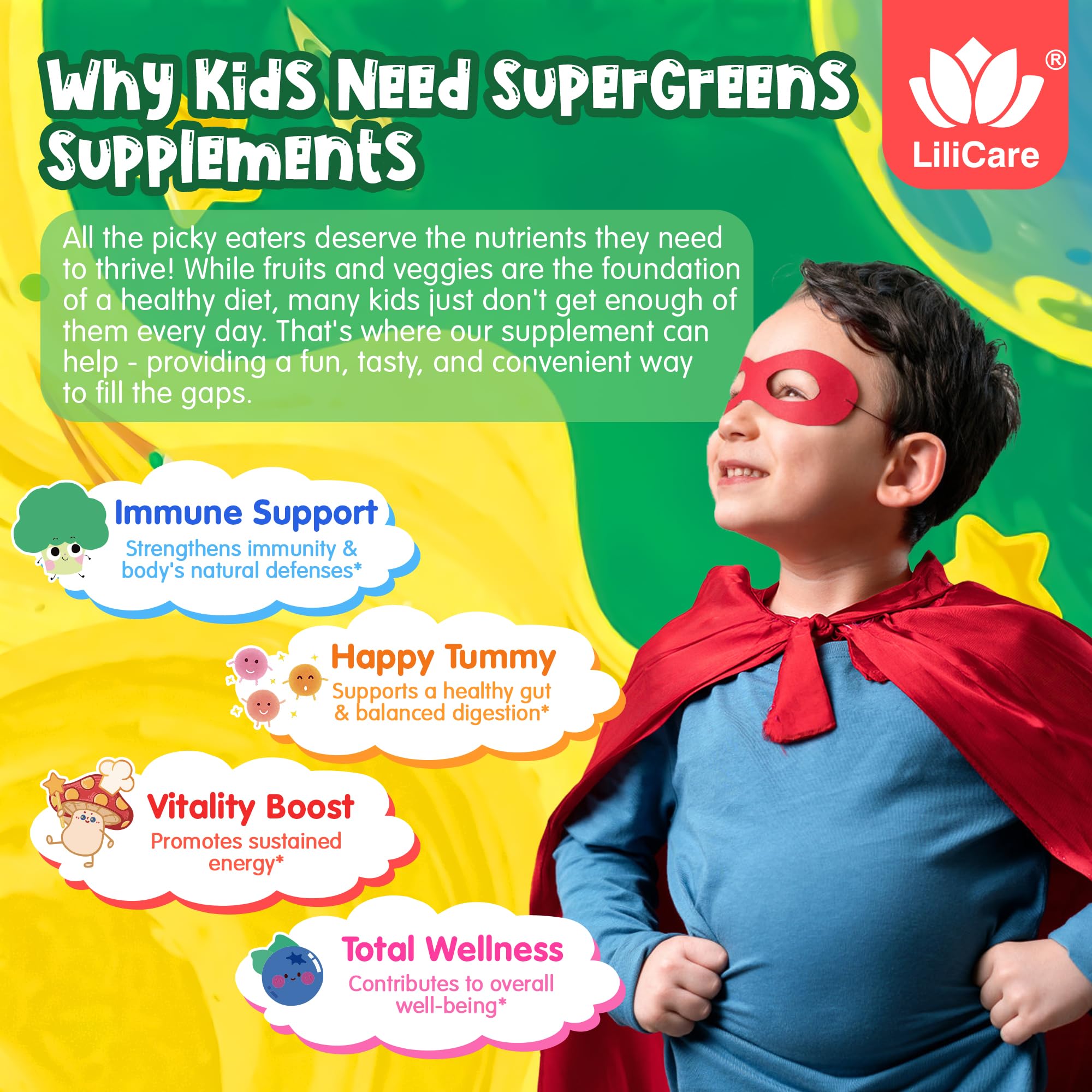LILICARE Kids Super Greens Gummies zinc and vitamin boost image suggests immune-support potential.