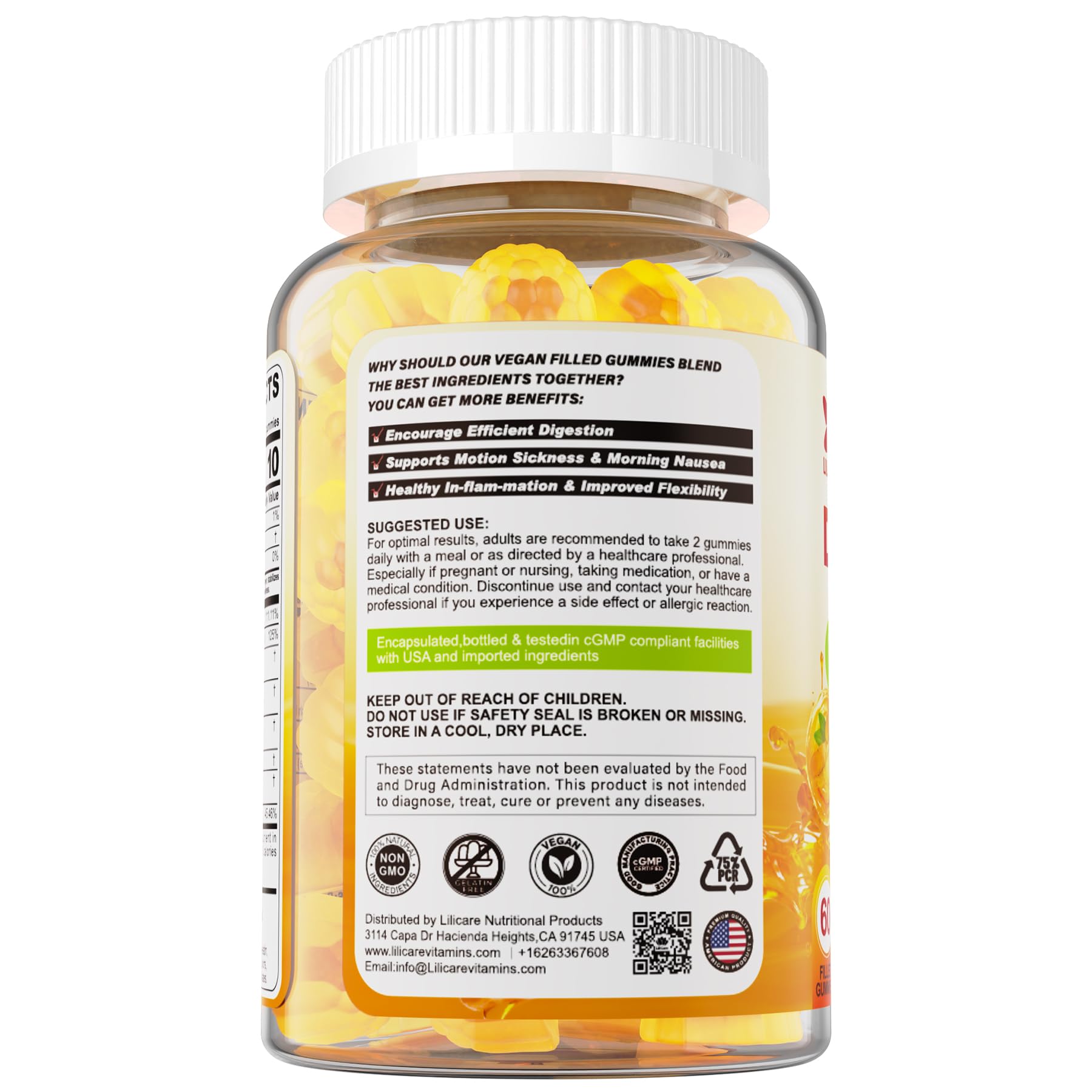 LILICARE label close-up highlighting vegan, non-GMO, gluten-free attributes.