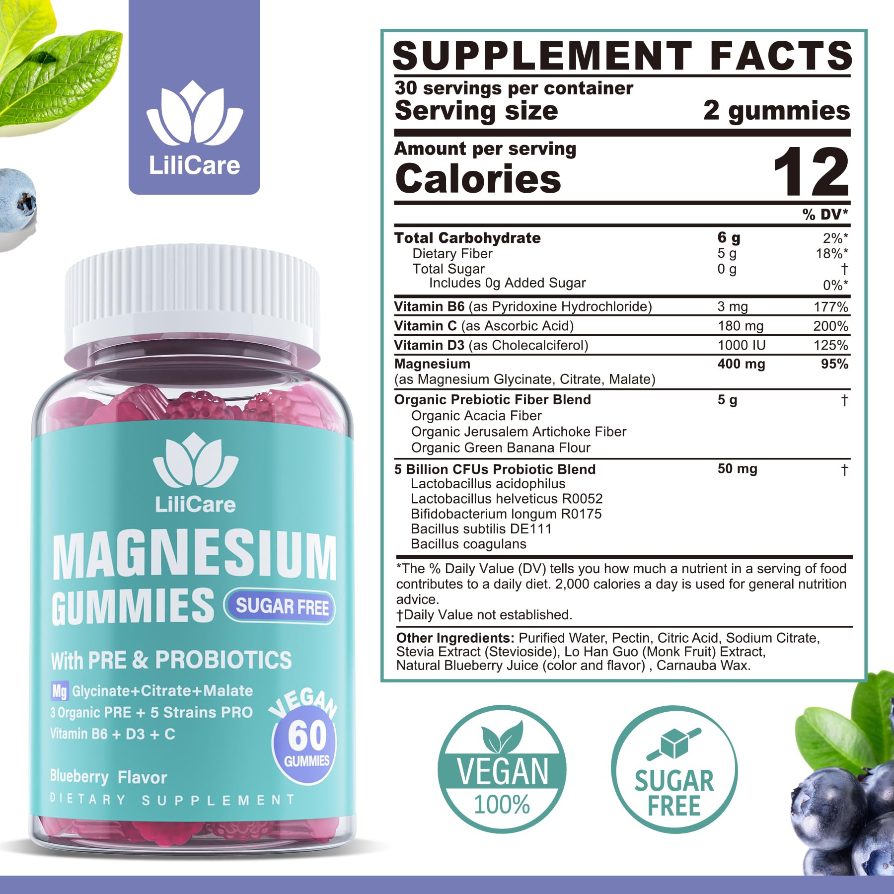 Gummies close-up highlighting blueberry flavor and easy daily use.