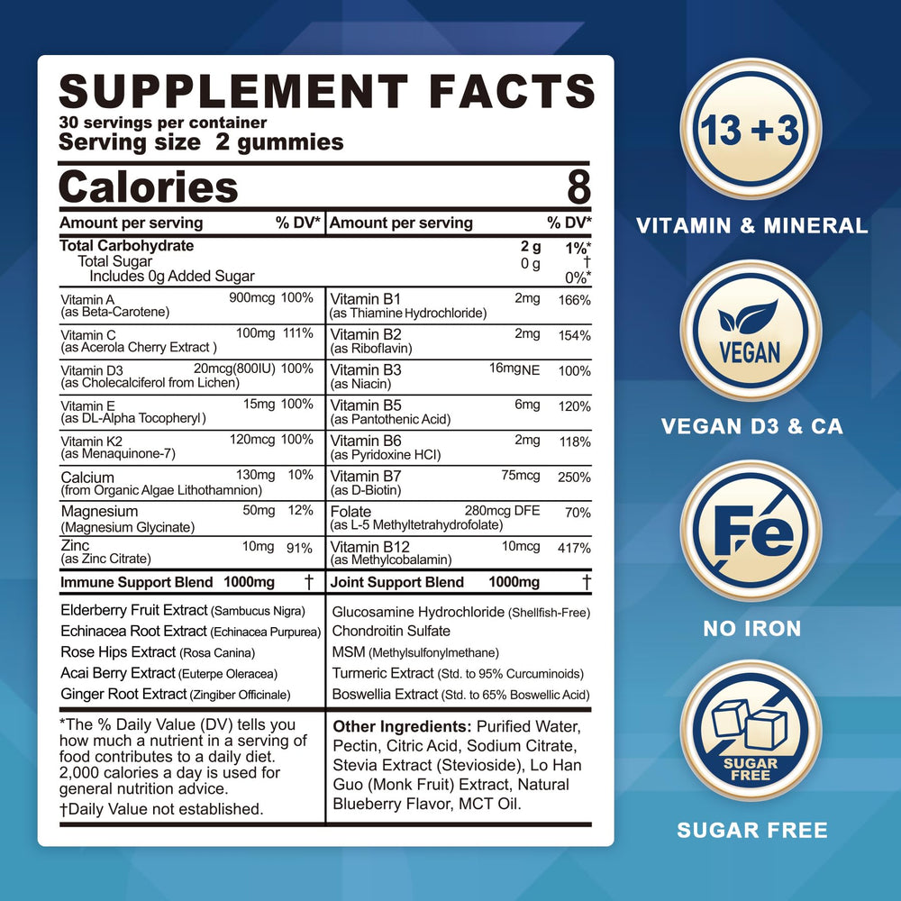 LILICARE methylated multivitamin gummies close-up, blueberry flavor for everyday nourishment.