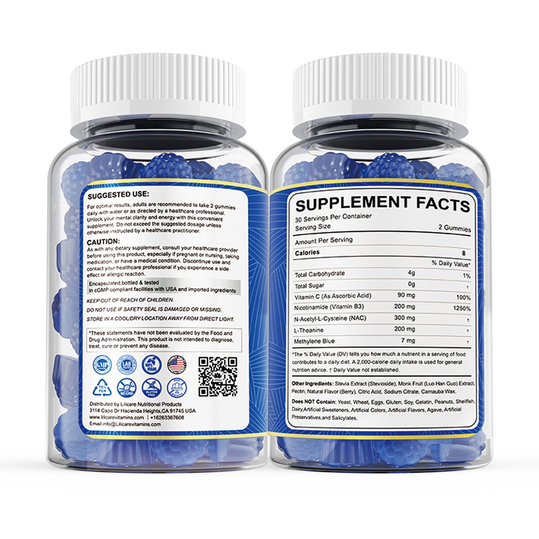 LILICARE vegan-friendly Methylene Blue Gummies on a sleek tray.
