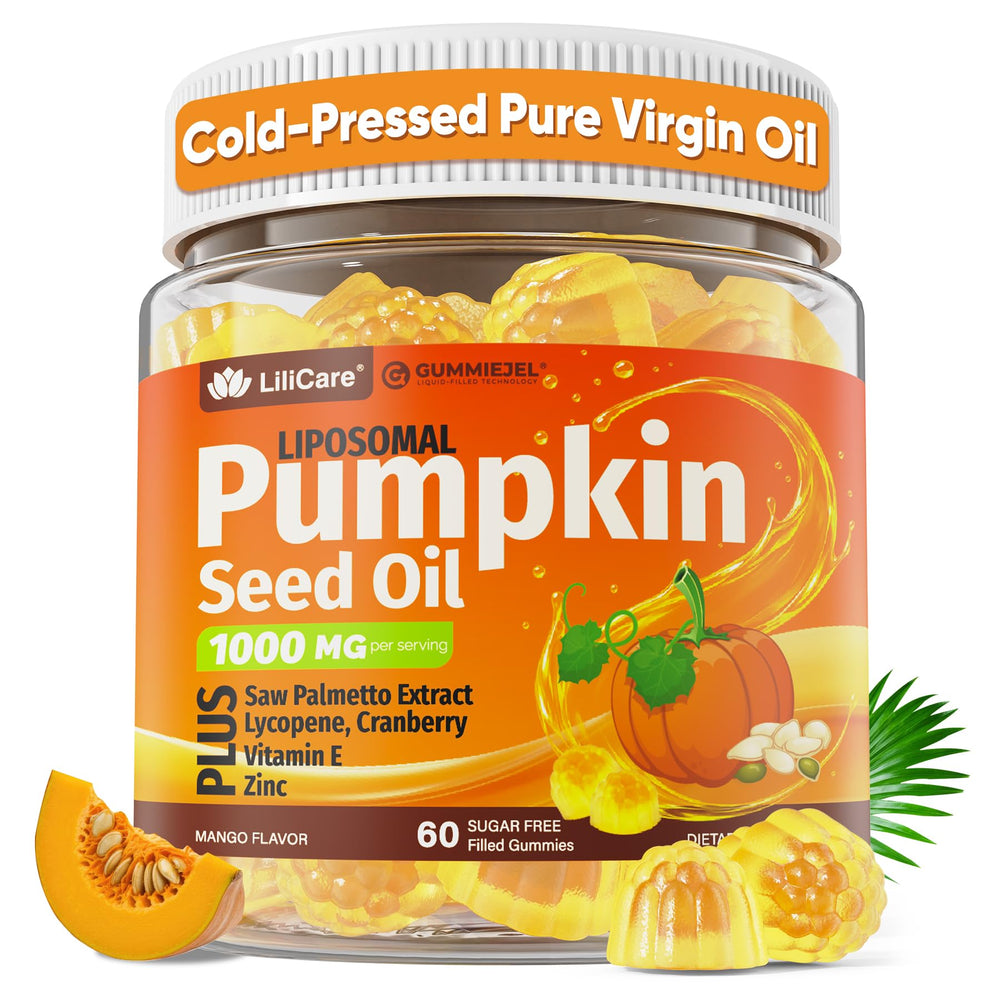 LILICARE Pumpkin Seed Oil Gummies bottle with label, highlighting hair and prostate support benefits.