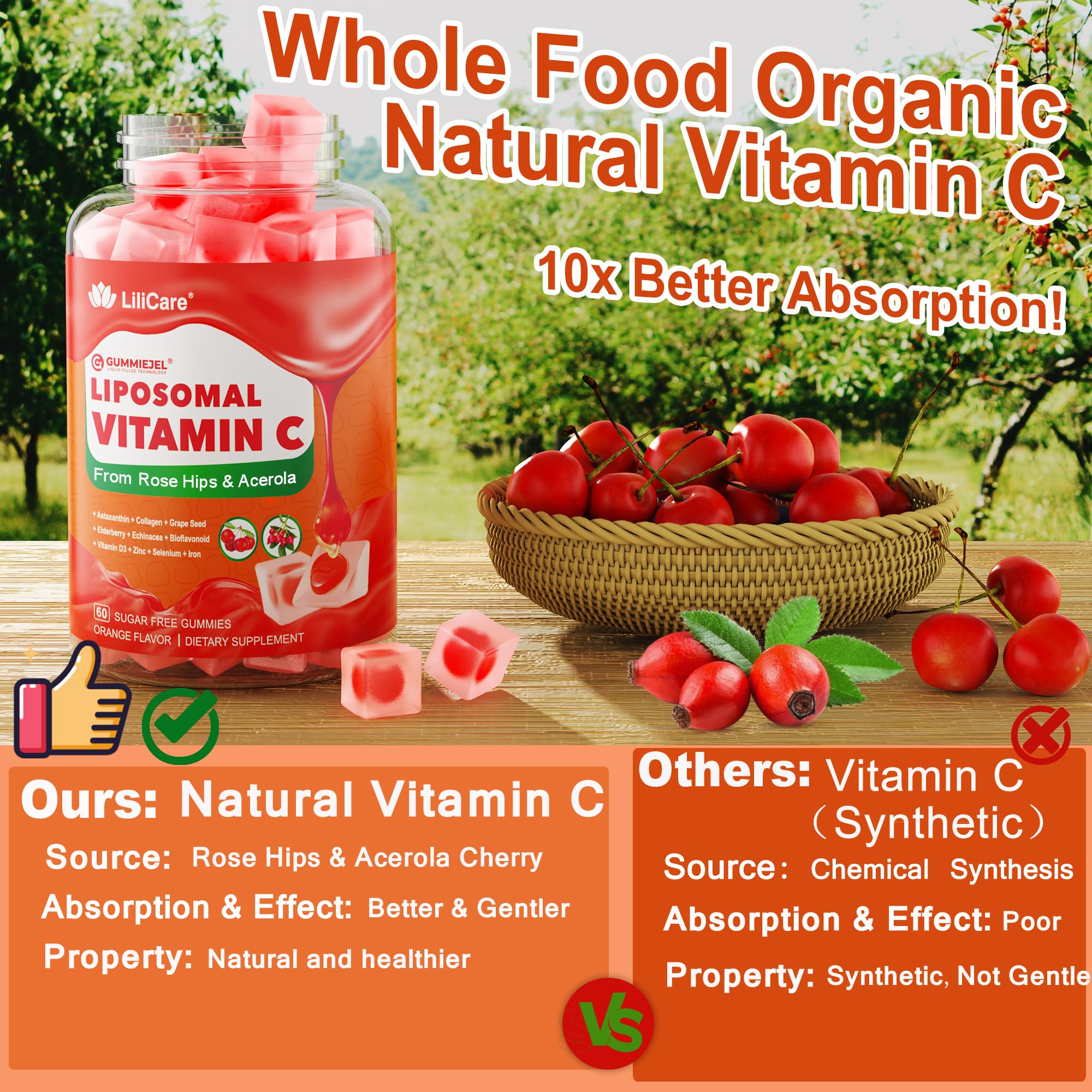 LILICARE rose hips and acerola origins highlight natural vitamin C source.