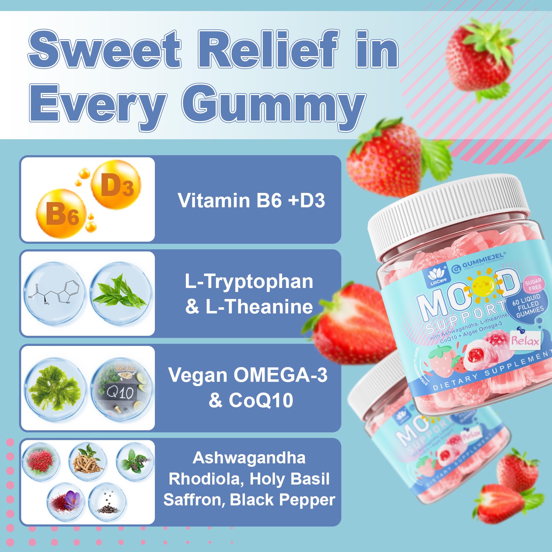 LILICARE strawberry-flavored calm gummies pack highlights a tasty mood-support option.