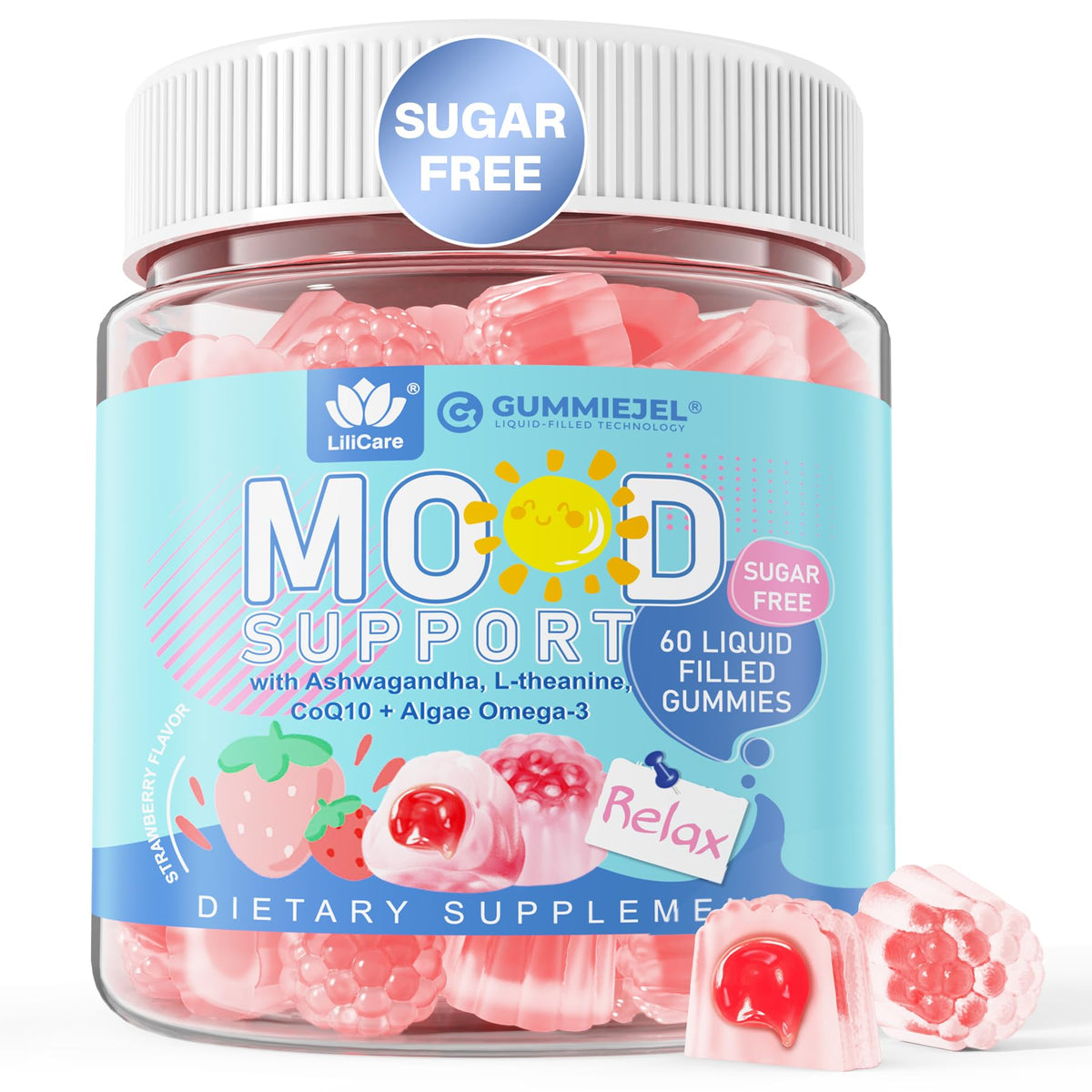 LILICARE sugar-free Ashwagandha Calm Gummies jar offers vegan relaxation in strawberry flavor.