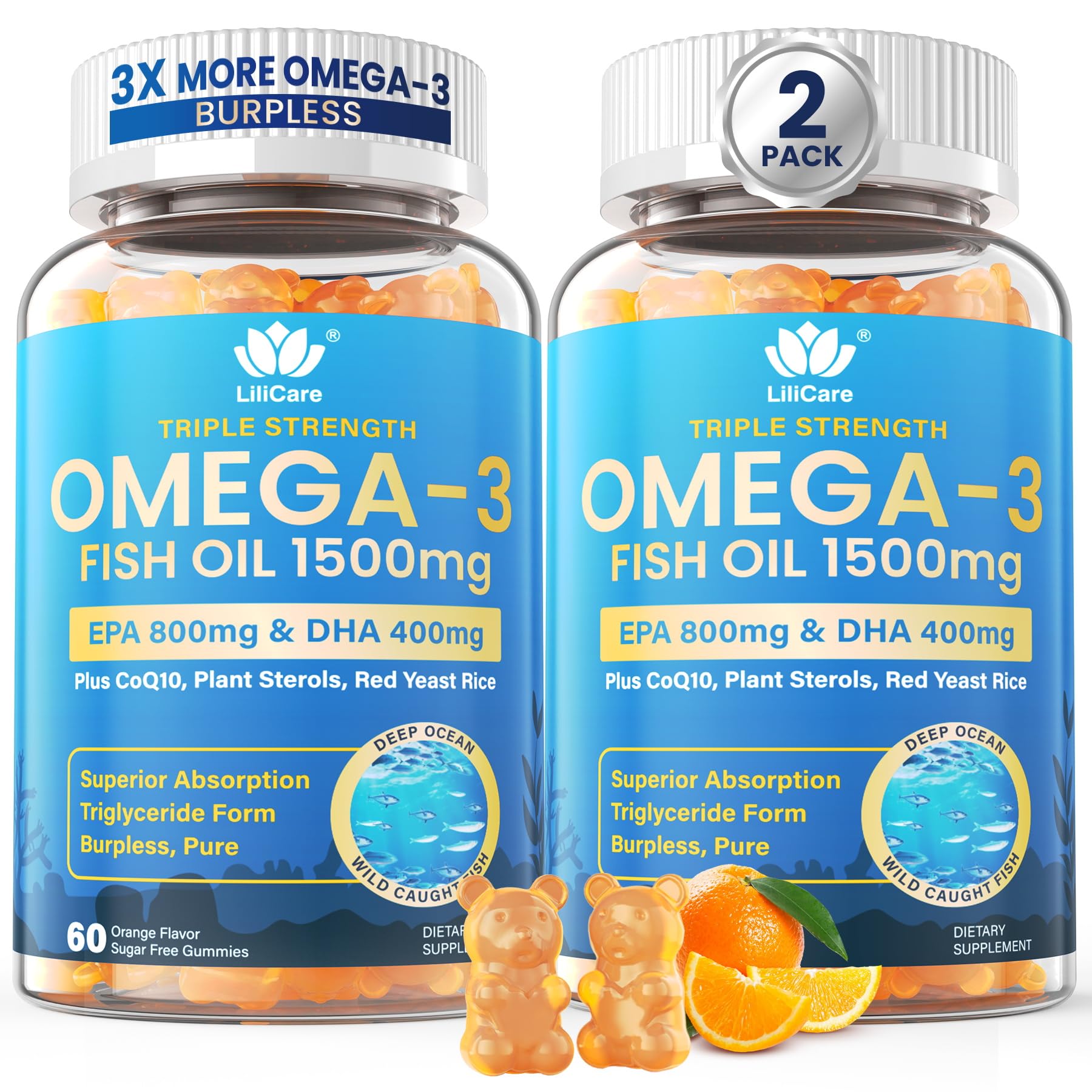 LILICARE Triple Strength Omega-3 Gummies bottle front showing packaging and dosage cue for daily use