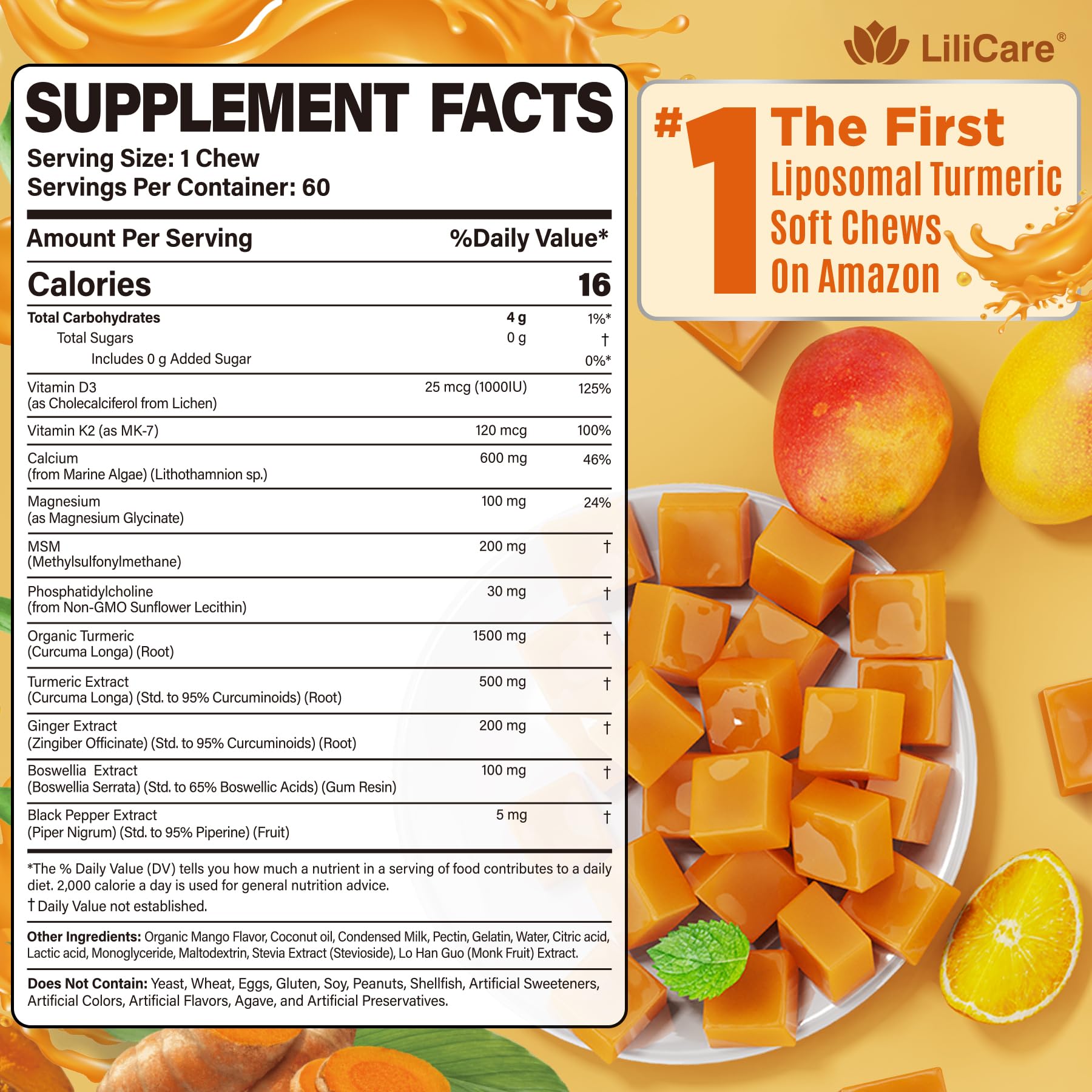 LILICARE turmeric-curcumin soft chews pack showcases potent 95% curcuminoids