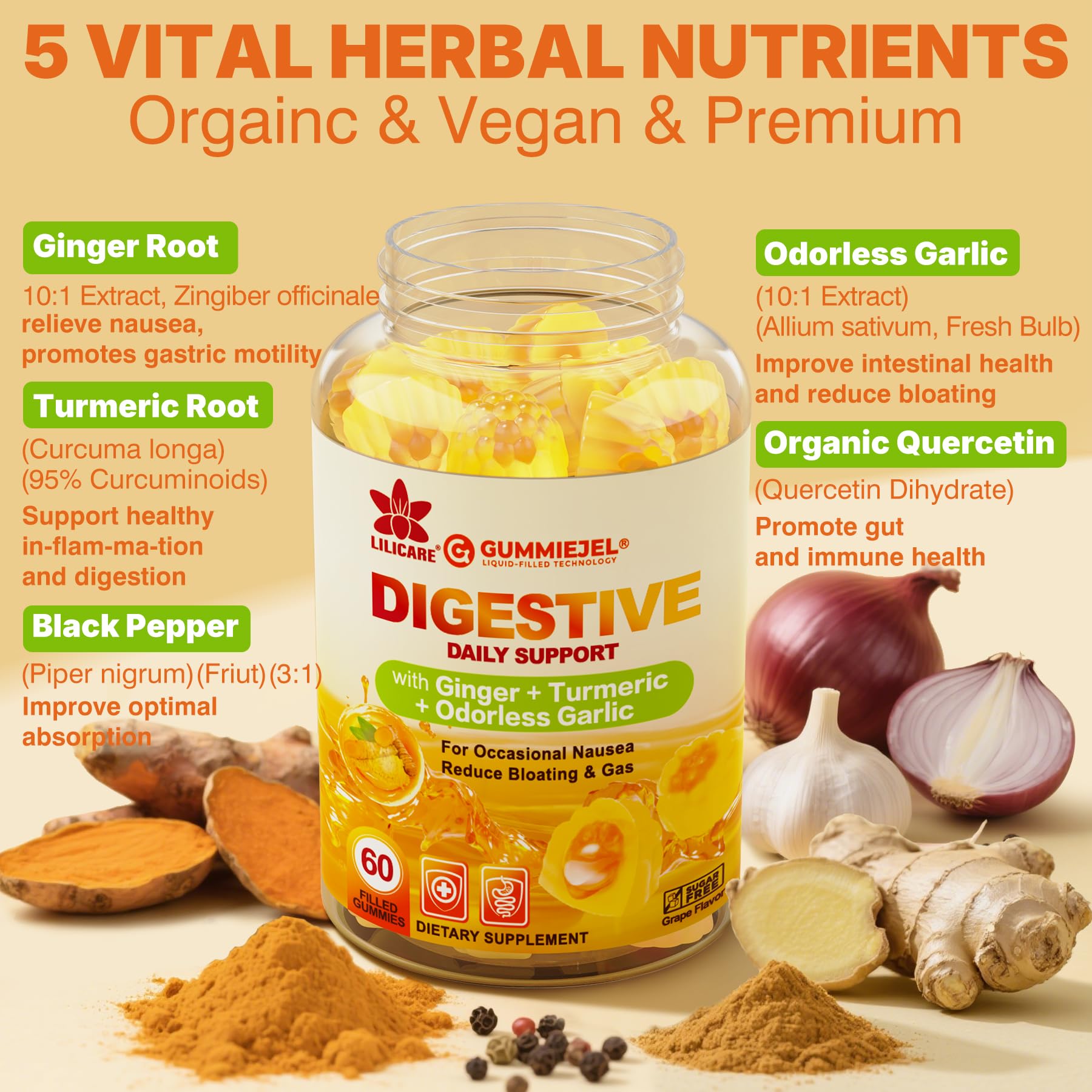 LILICARE turmeric-ginger complex bottle label showcasing antioxidant-rich blend.