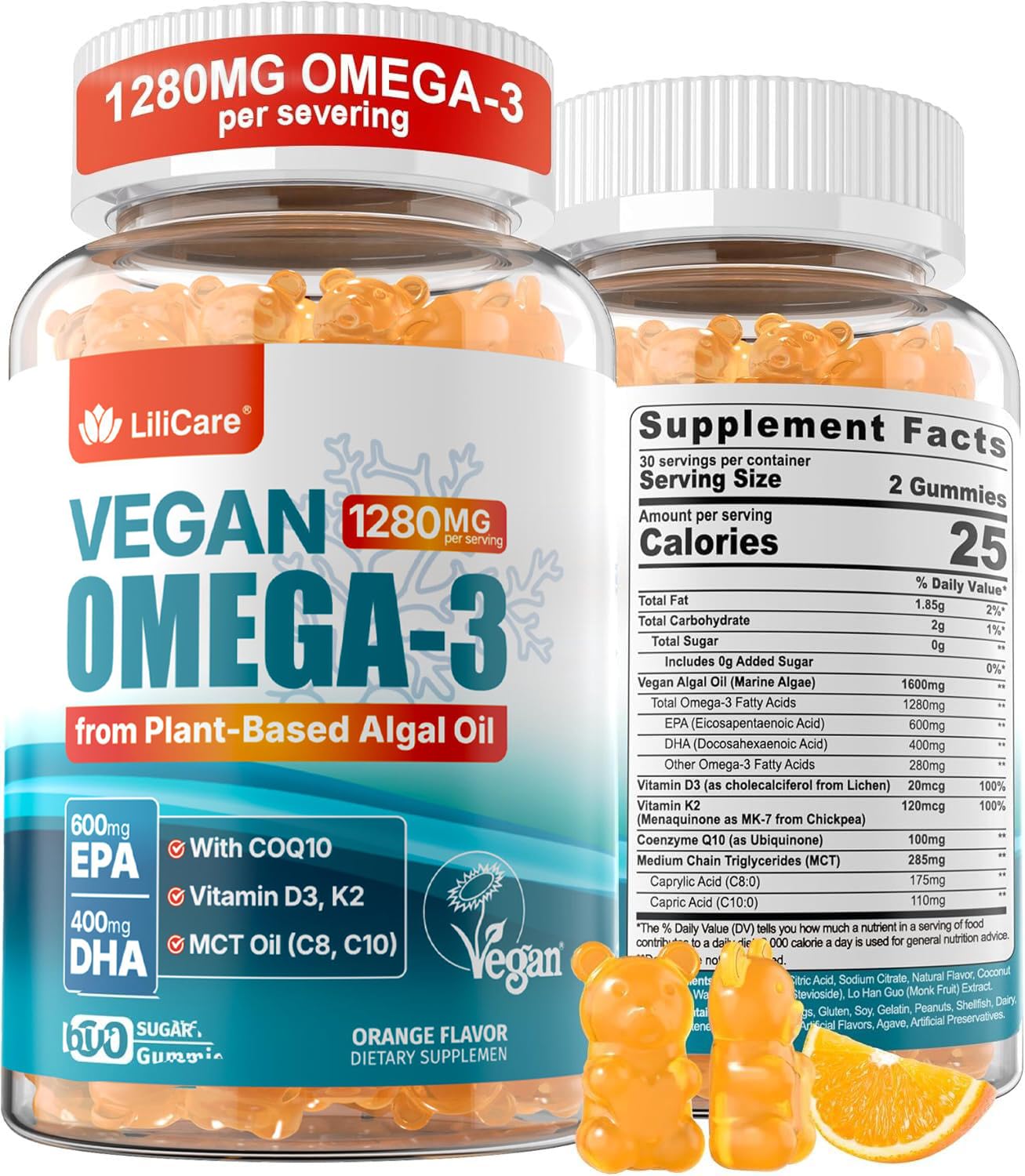 LILICARE vegan omega-3 gummies bottle front shows orange flavor for brain and eye health