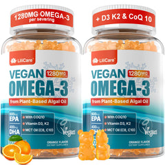 LILICARE vegan omega-3 gummies bottle showing algae-based formula for daily use
