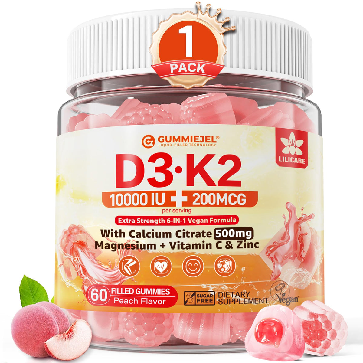 LILICARE D3K2 gummies bottle for daily bone support.