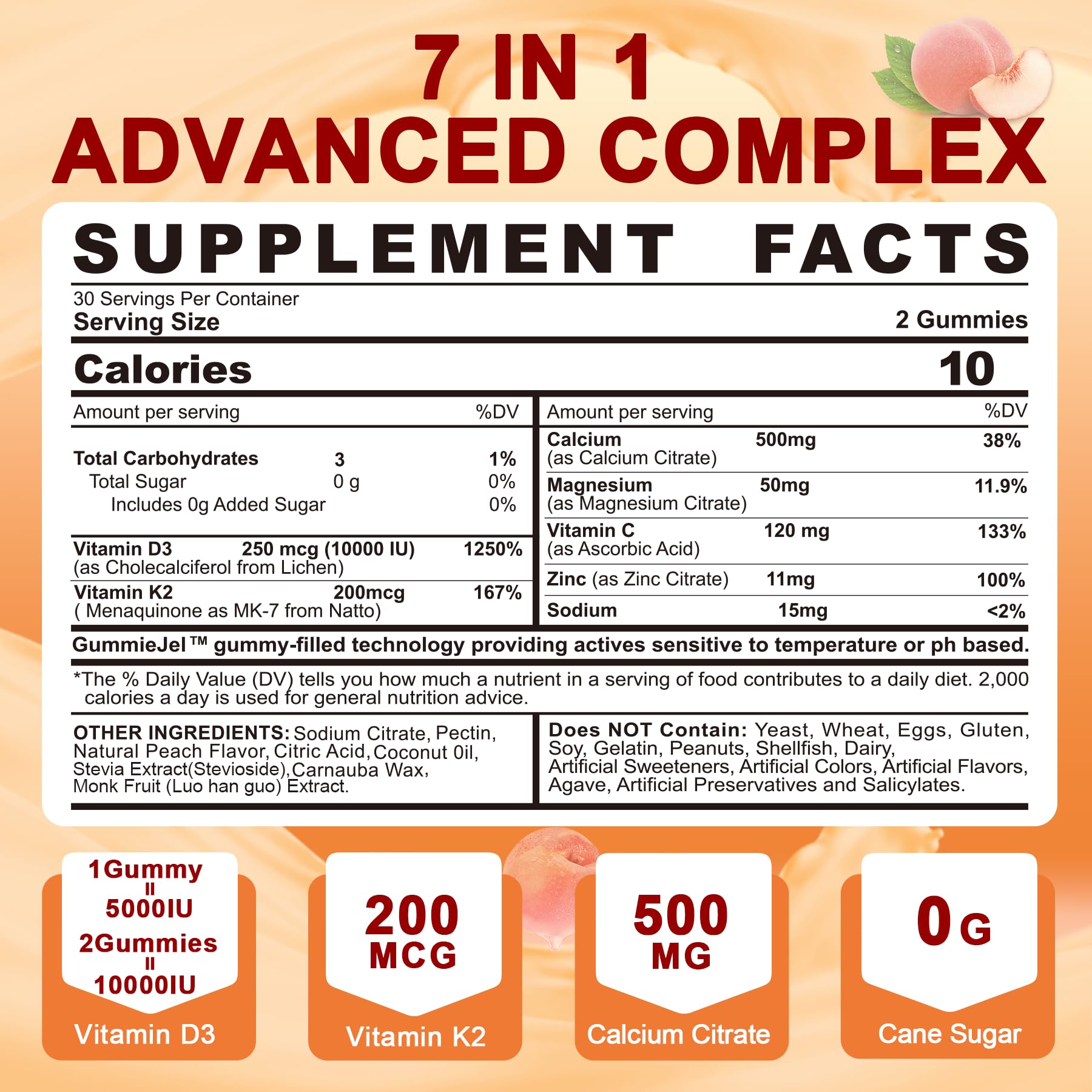 LILICARE peach-flavored D3K2 gummies close-up, vegan.