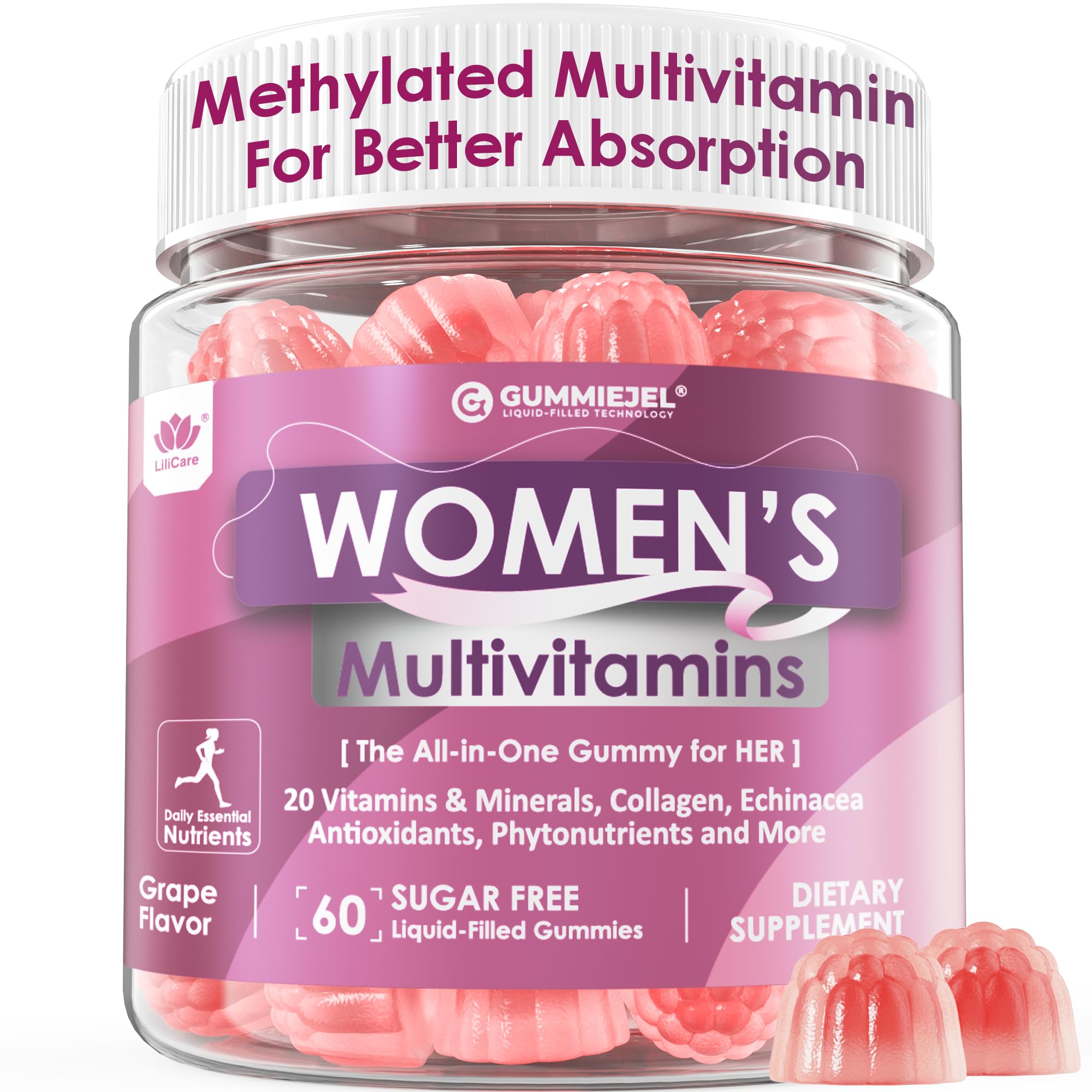 LILICARE Women's Multivitamin Gummy bottle front view highlighting daily energy support.