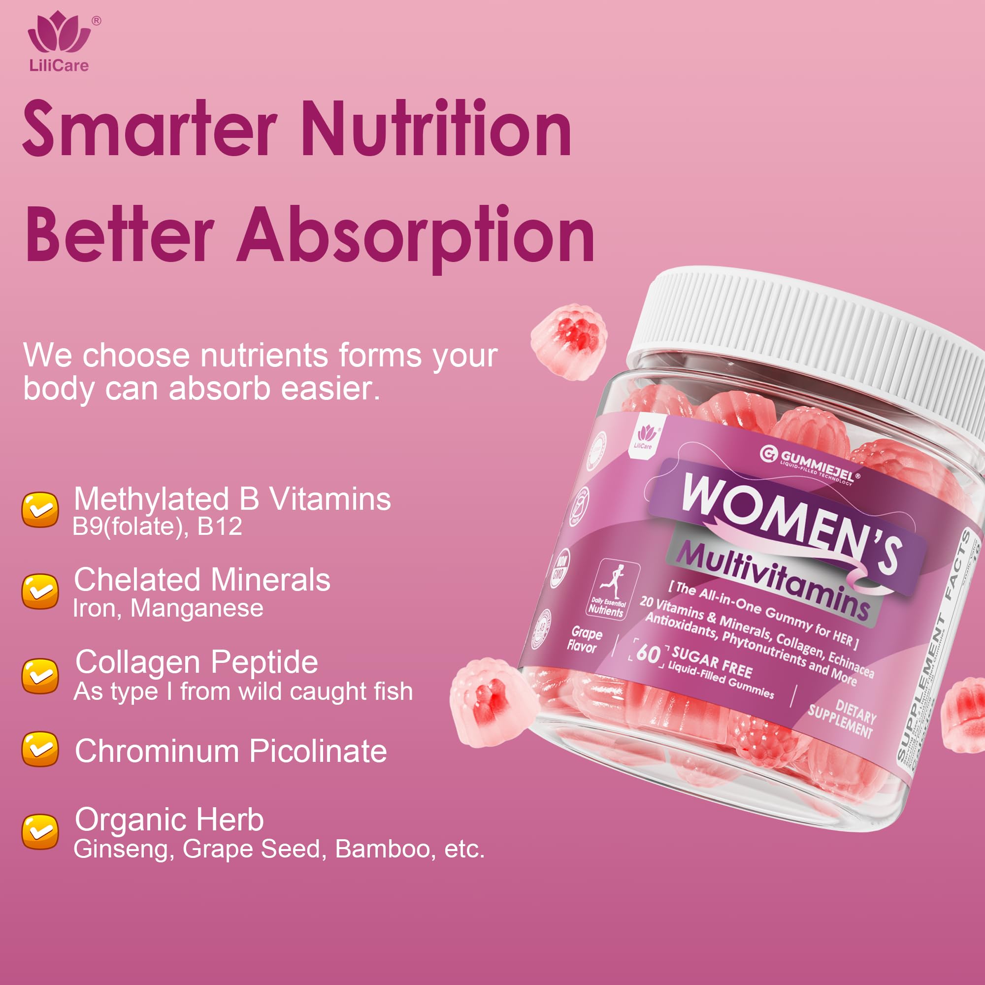 LILICARE no sugar label on the multivitamin gummy bottle.