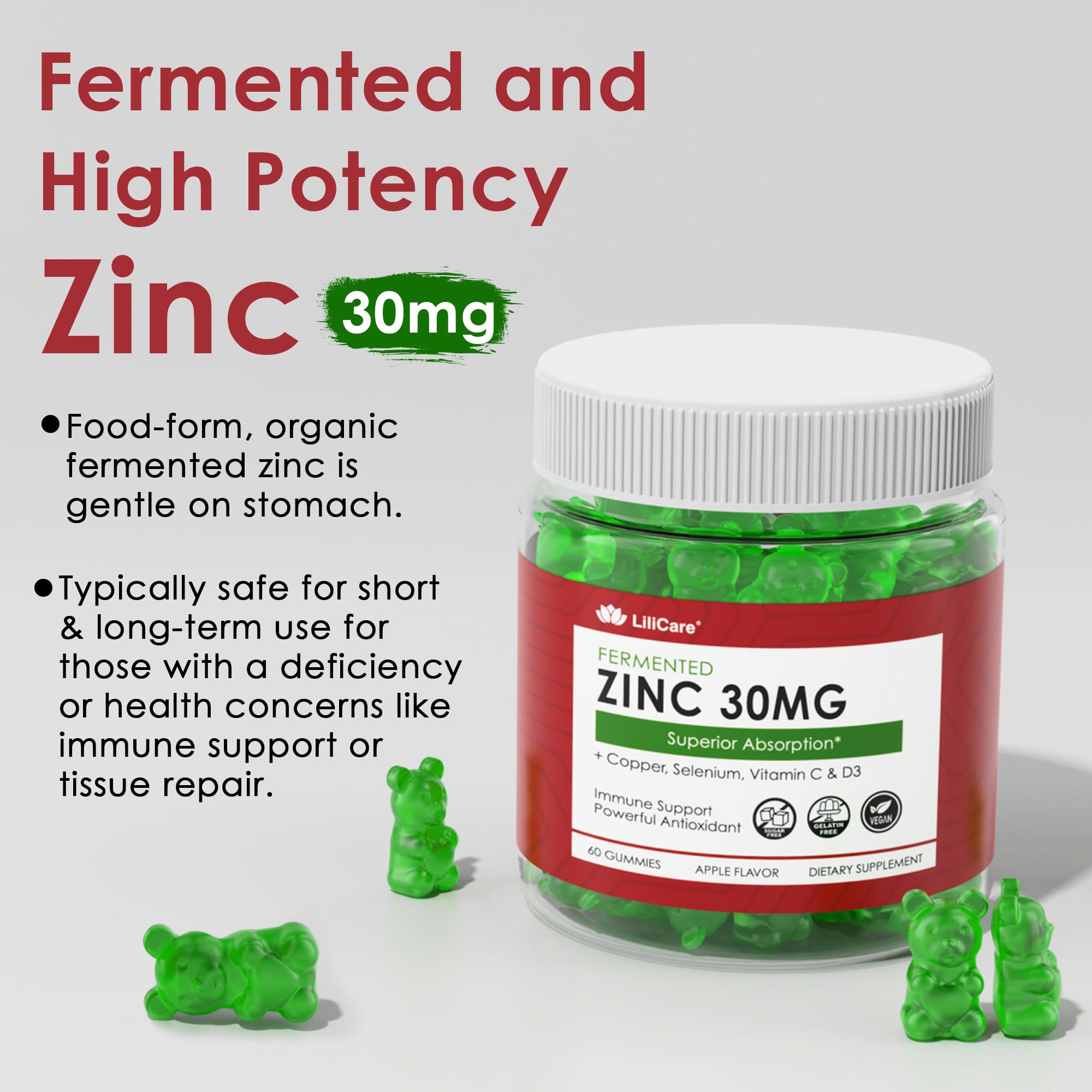 LILICARE Zinc Gummies close-up highlighting delicious apple flavor.