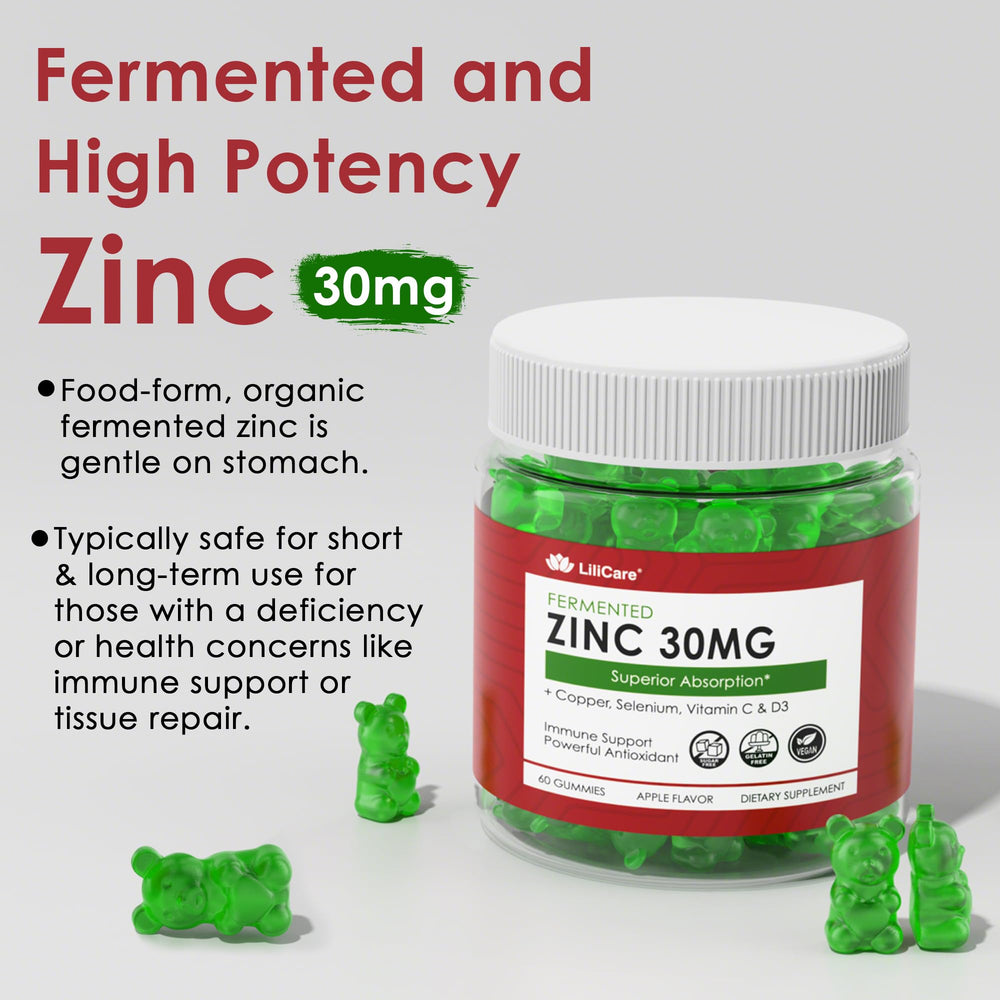 LILICARE Zinc Gummies close-up highlighting delicious apple flavor.