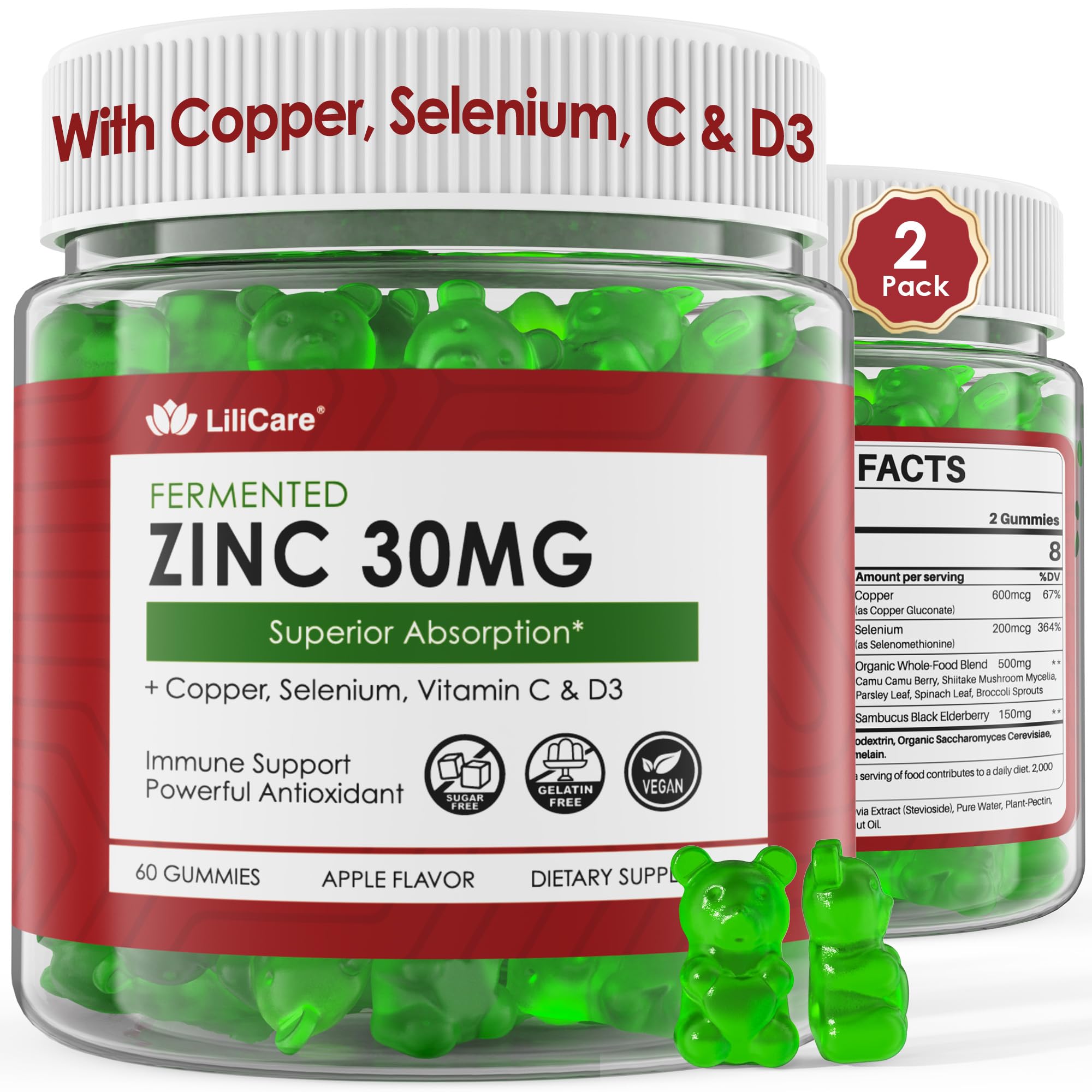 LILICARE Zinc Gummies bottle front with apple flavor for daily immune support.