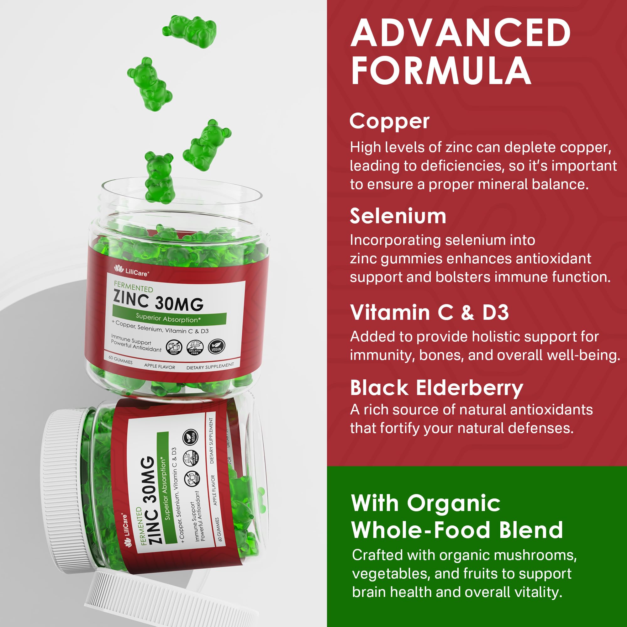 LILICARE Zinc Gummies elderberry boost panel for antioxidant defense.